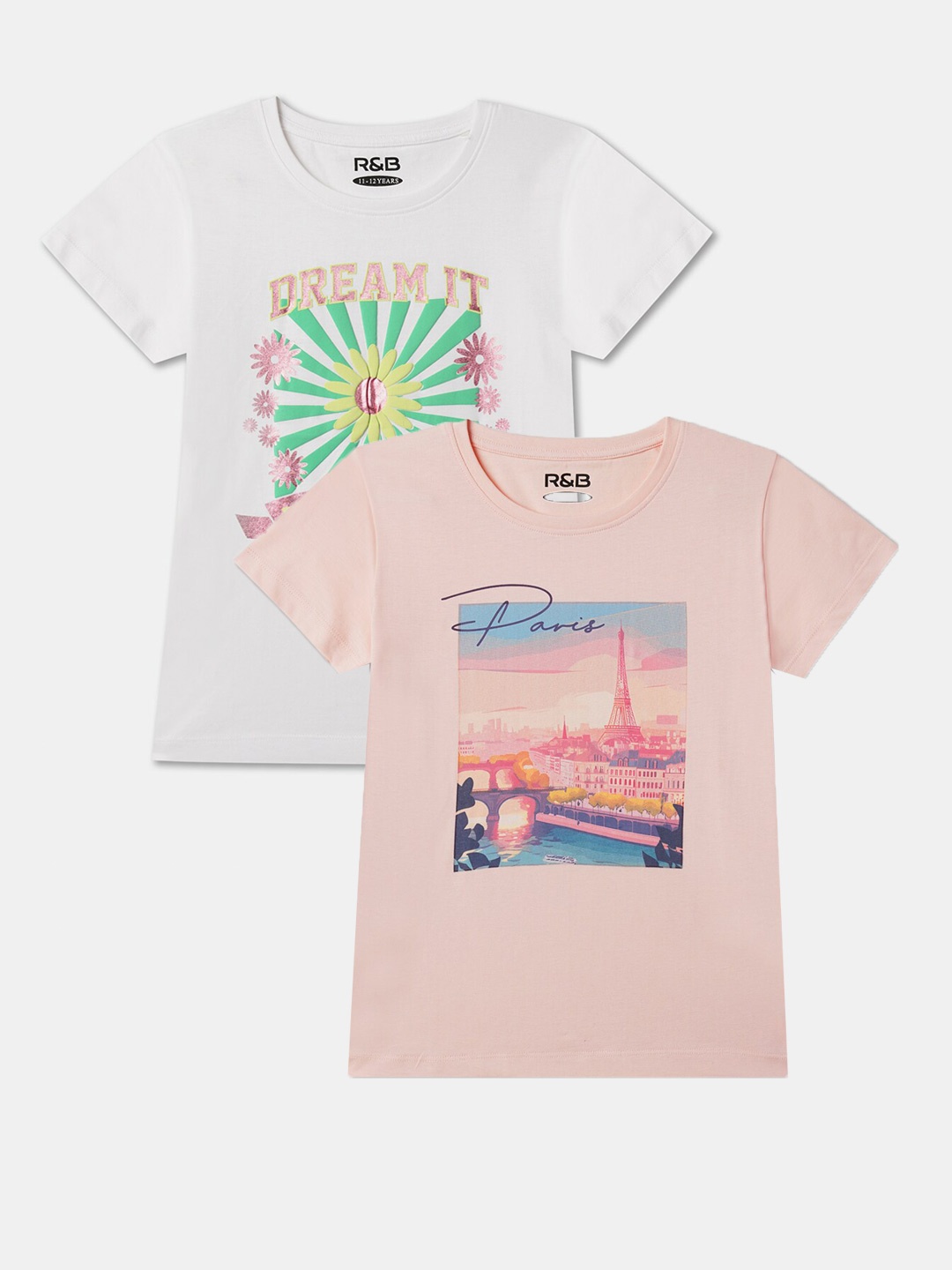 

R&B Girls Pack Of 2 Graphic Printed Cotton T-shirts, White