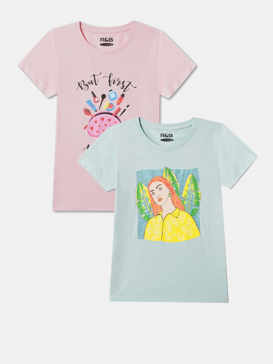 

R&B Girls Pack Of 2 Graphic Printed Round Neck Cotton T-shirts, Pink