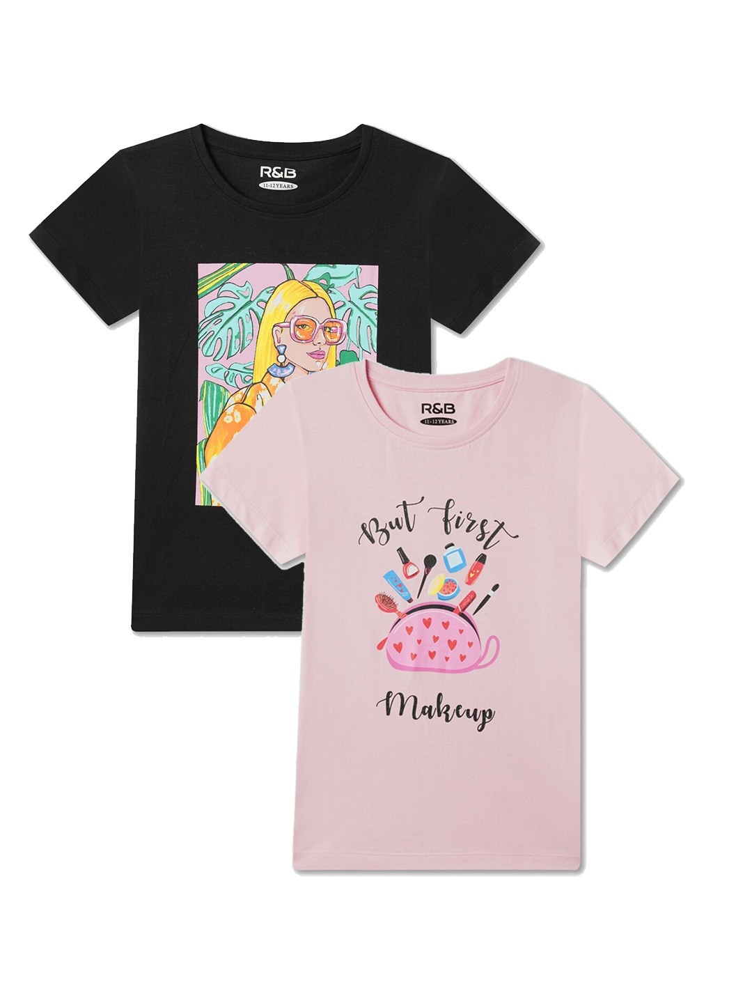 

R&B Girls Pack Of 2 Typography Printed Round Neck Cotton T-shirts, Black