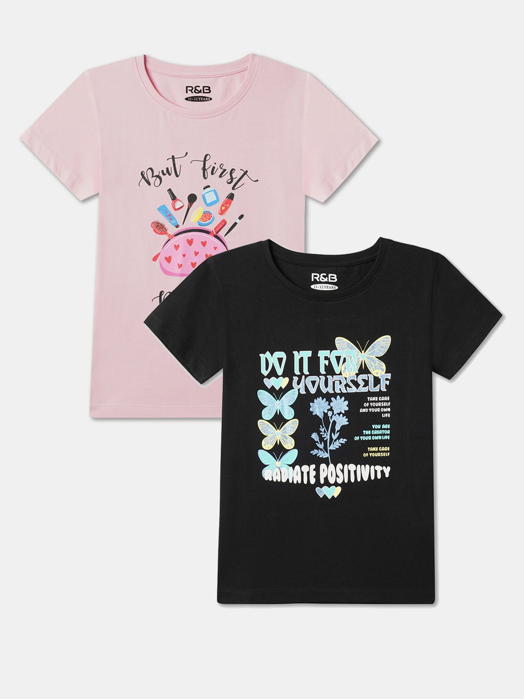 

R&B Girls Pack Of 2 Graphic Printed Cotton T-shirts, Black