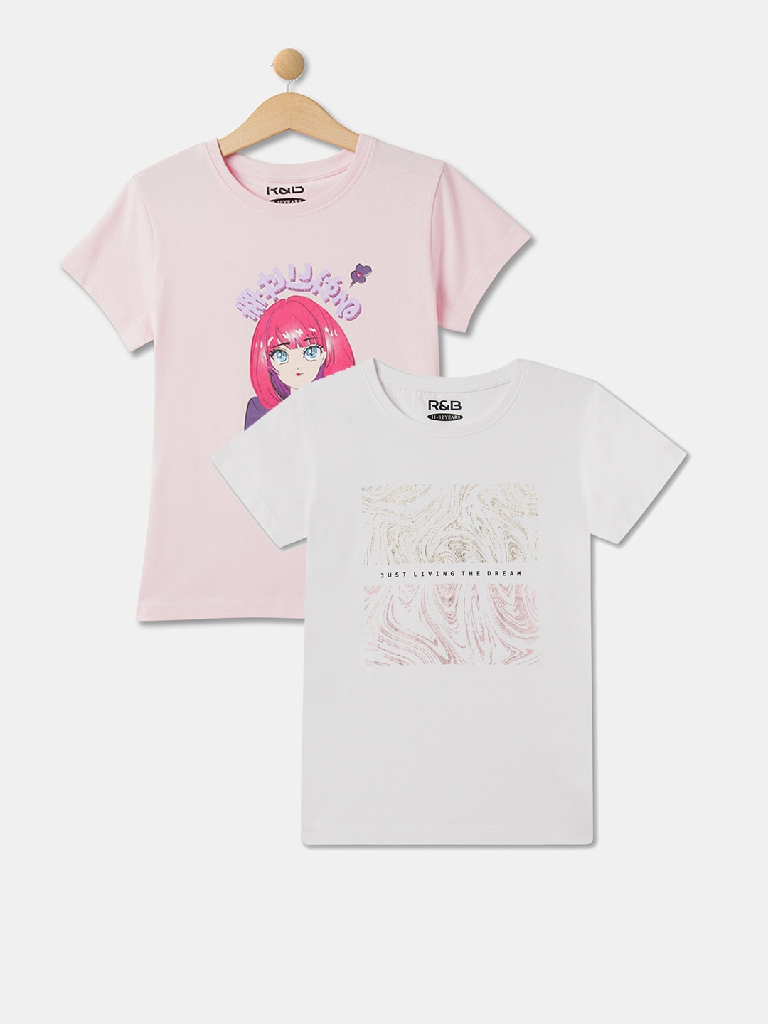 

R&B Girls Pack Of 2 Graphic Printed Round Neck Cotton T-shirts, Pink