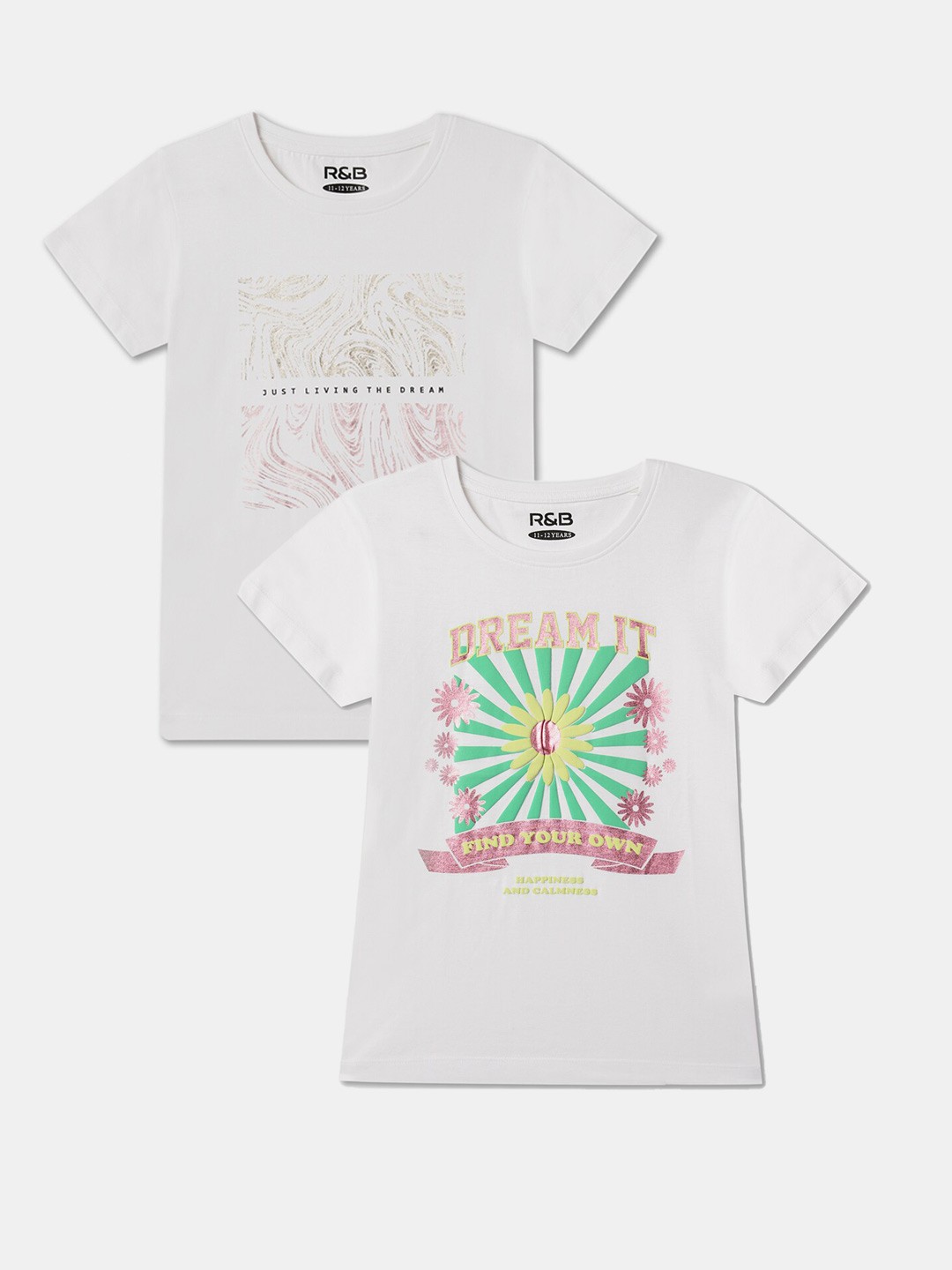 

R&B Girls Pack Of 2 Graphic Printed Cotton T-shirts, White