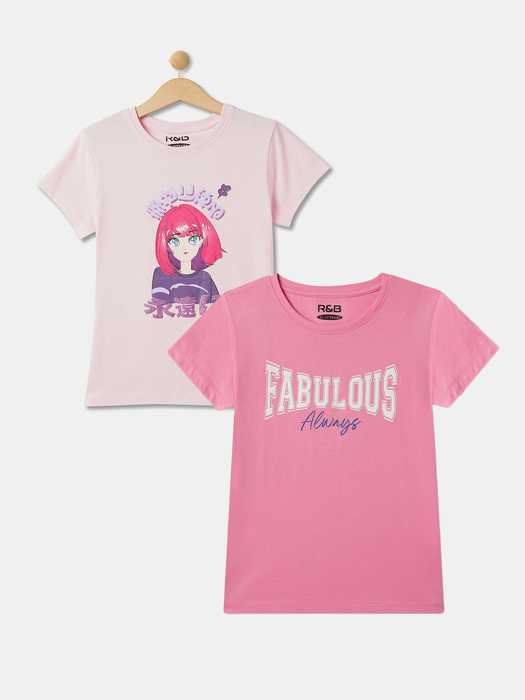 

R&B Girls Pack Of 2 Graphic Printed Cotton T-shirts, Pink