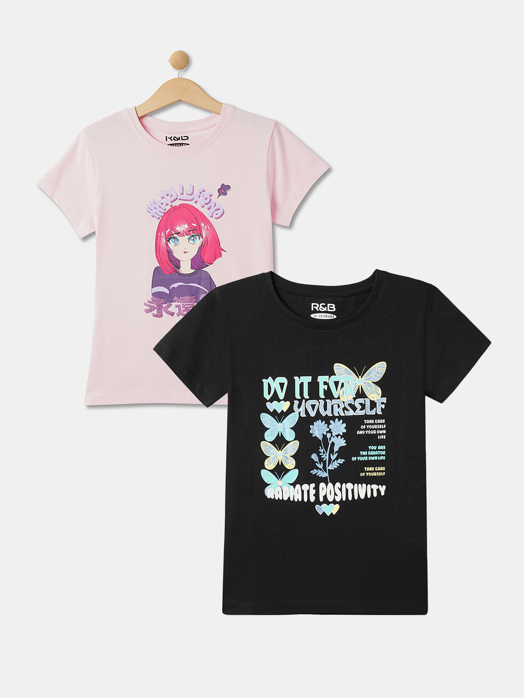 

R&B Girls Pack Of 2 Graphic Printed Cotton T-shirts, Pink