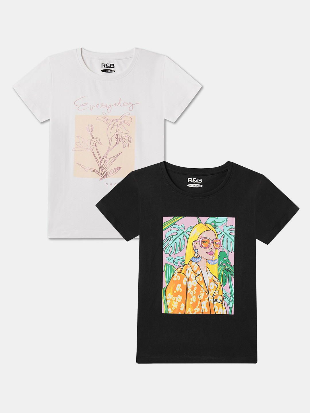 

R&B Girls Pack Of 2 Graphic Printed Cotton T-shirts, White