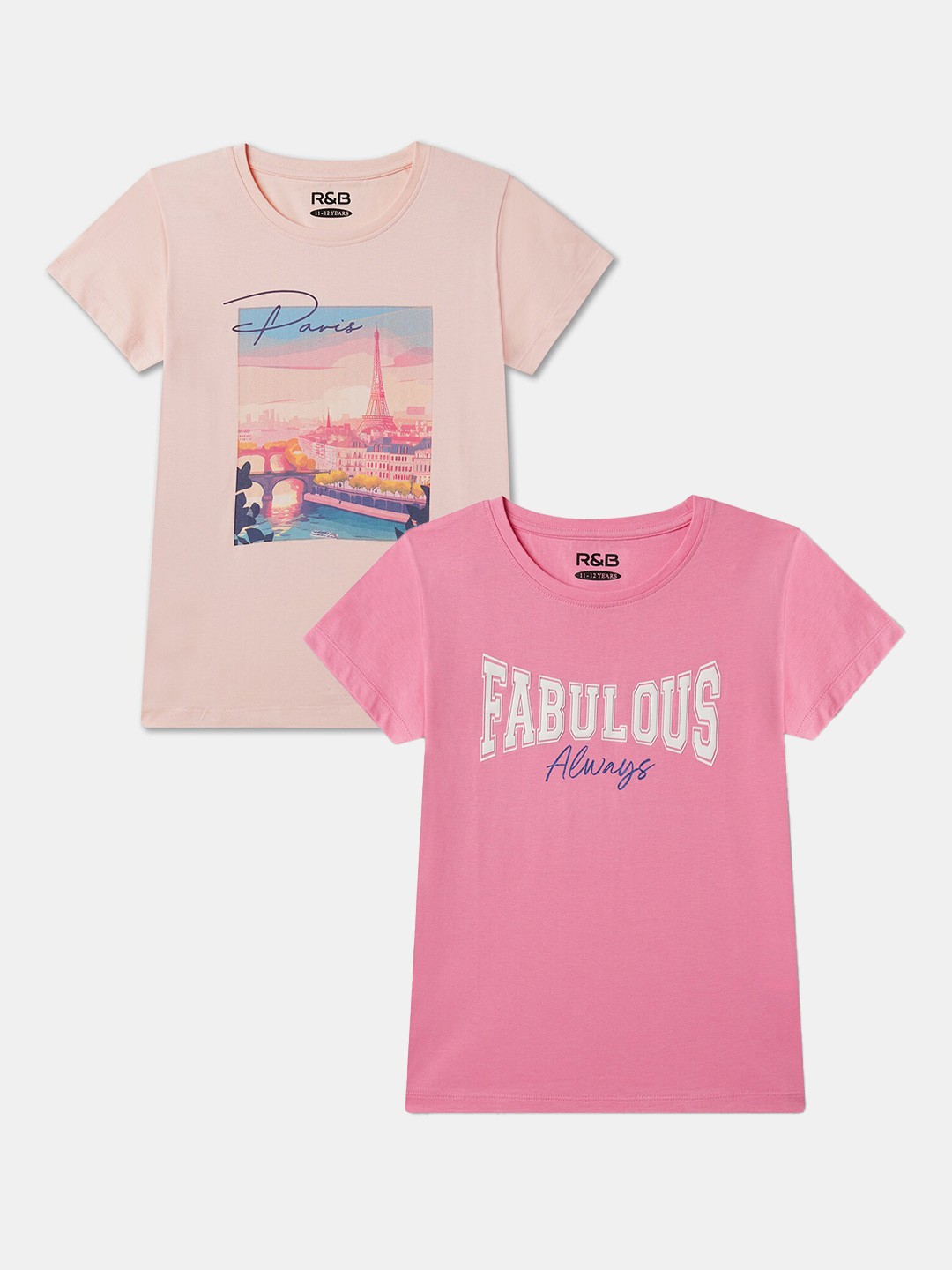 

R&B Girls Pack Of 2 Graphic Printed Round Neck Cotton T-shirt, Multi