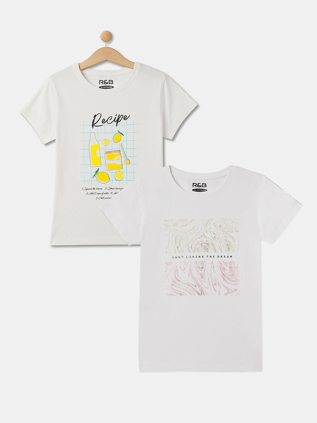 

R&B Girls Pack of 2 Typography Printed Cotton Round Neck T-shirt, White