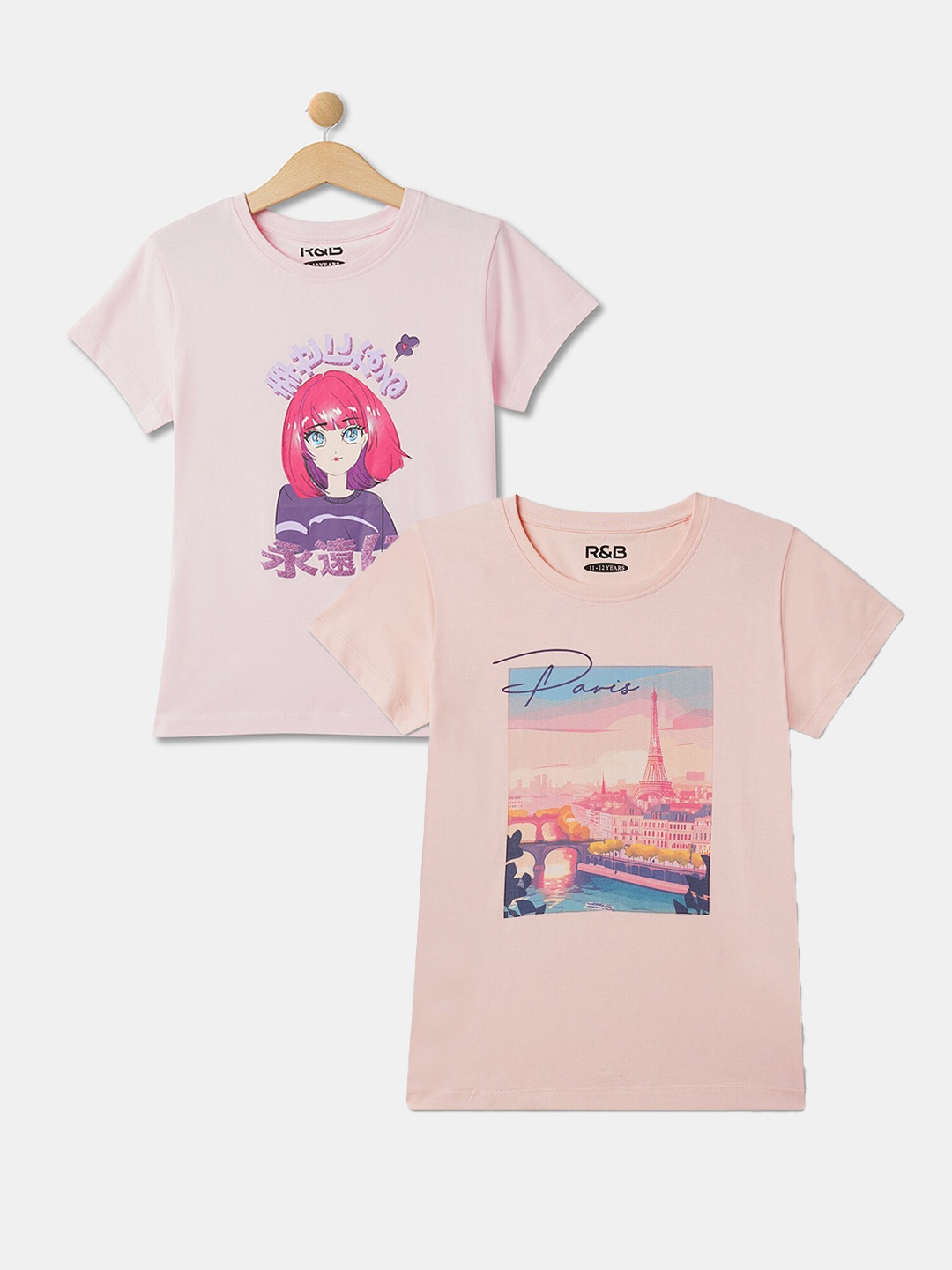 

R&B Girls Pack of 2 Round Neck Graphic Printed Cotton Regular Fit T-shirt, Peach