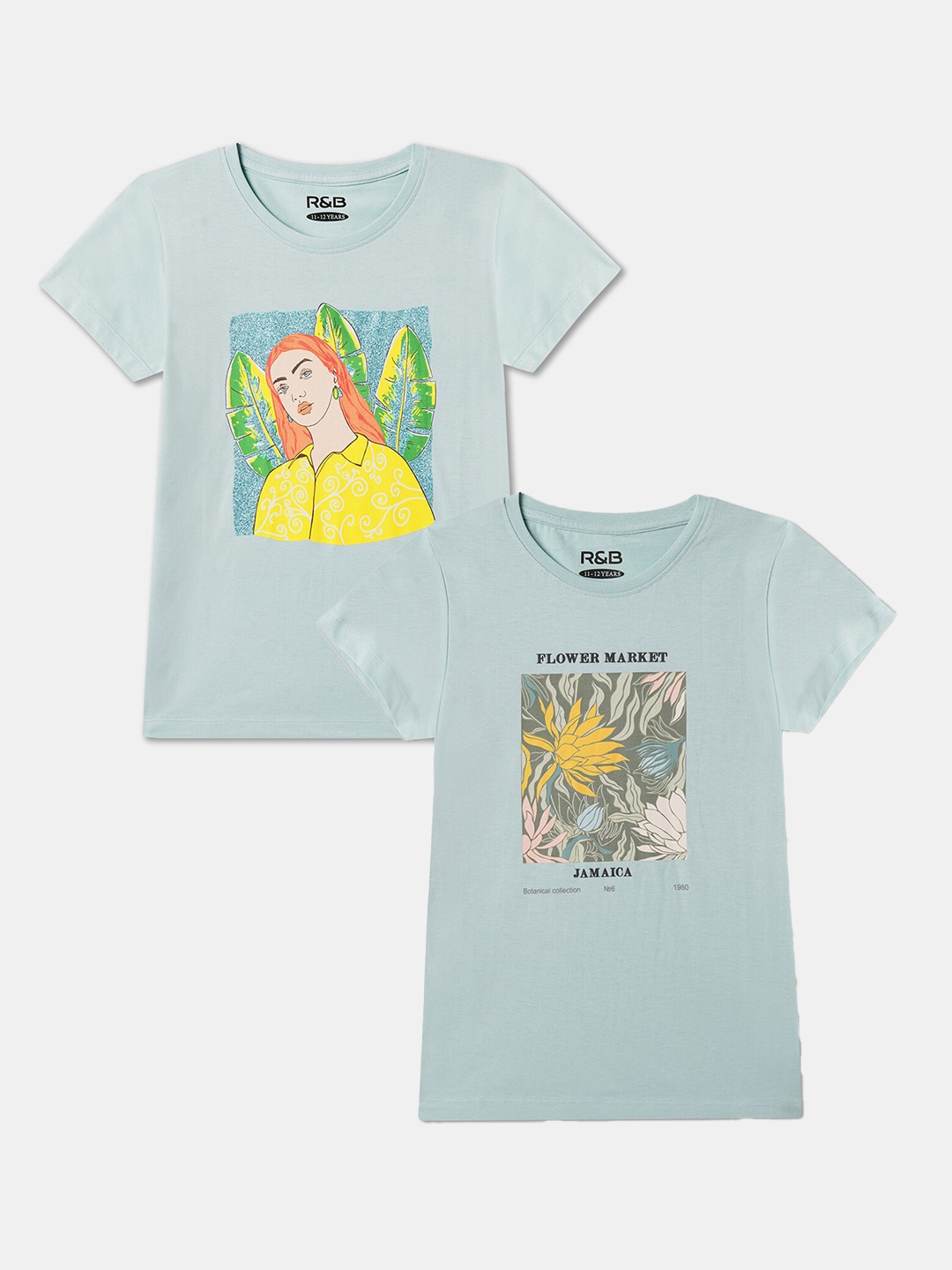 

R&B Girls Pack Of 2 Graphic Printed Cotton T-shirts, Green