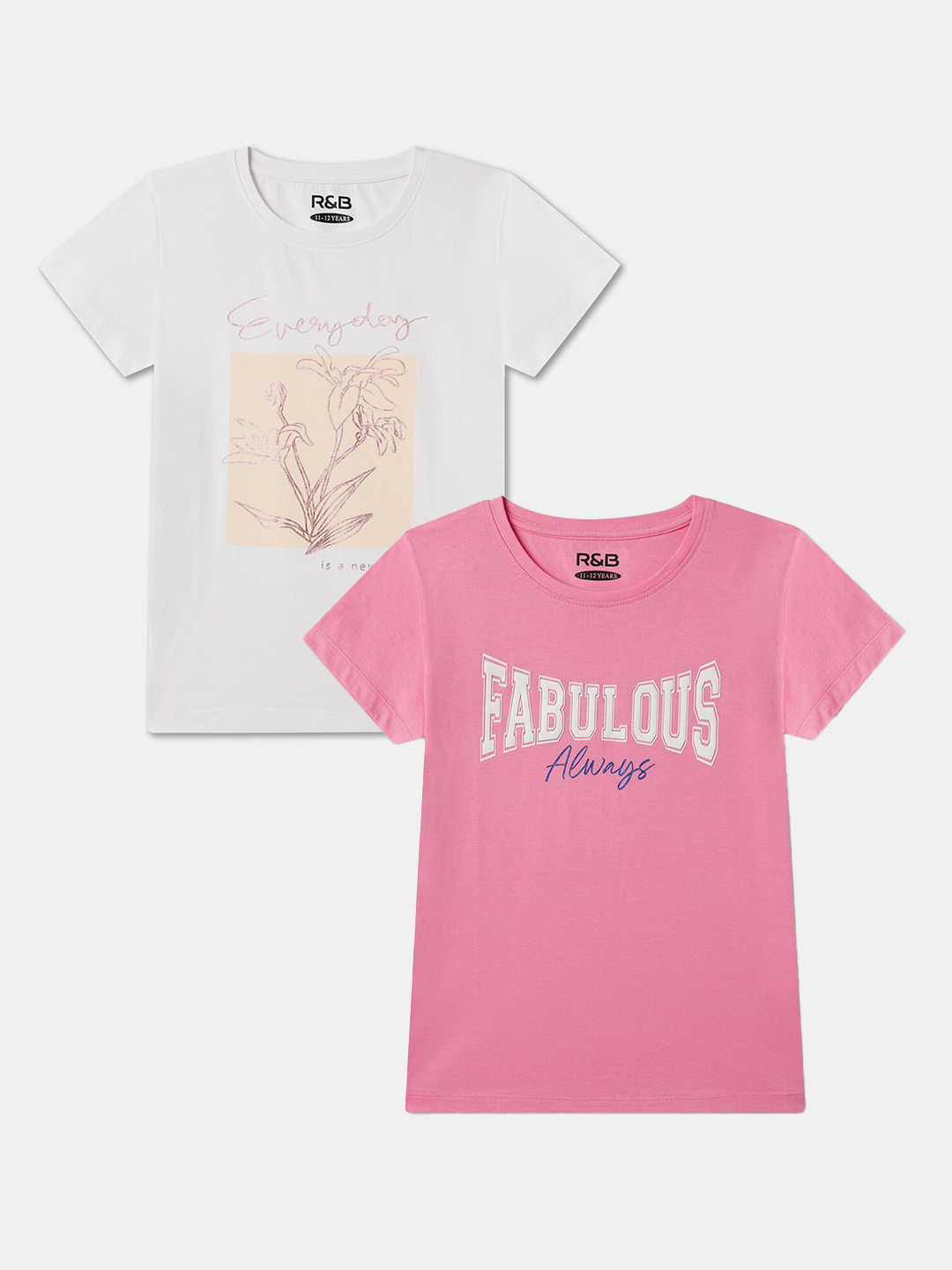 

R&B Girls Pack Of 2 Typography Printed Round Neck Cotton T-shirts, White