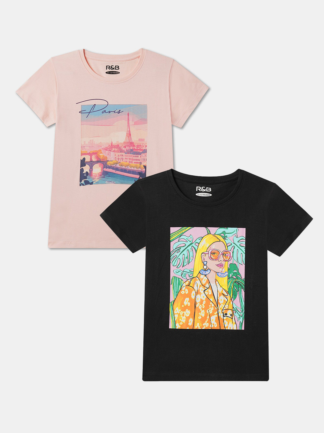 

R&B Girls Pack of 2 Round Neck Graphic Printed Cotton T-shirts, Peach