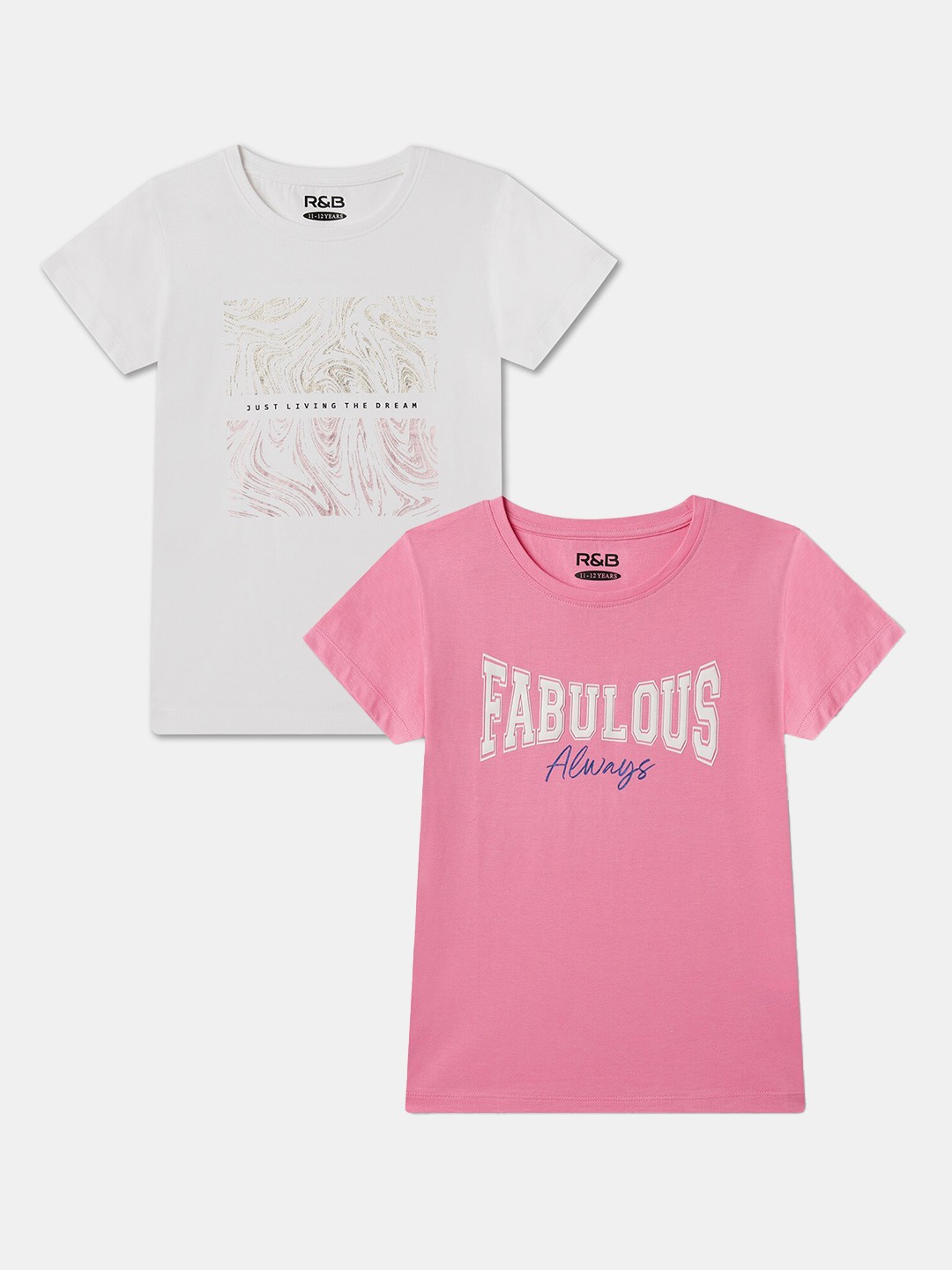 

R&B Girls Pack of 2 Typography Printed Cotton T-shirt, Pink