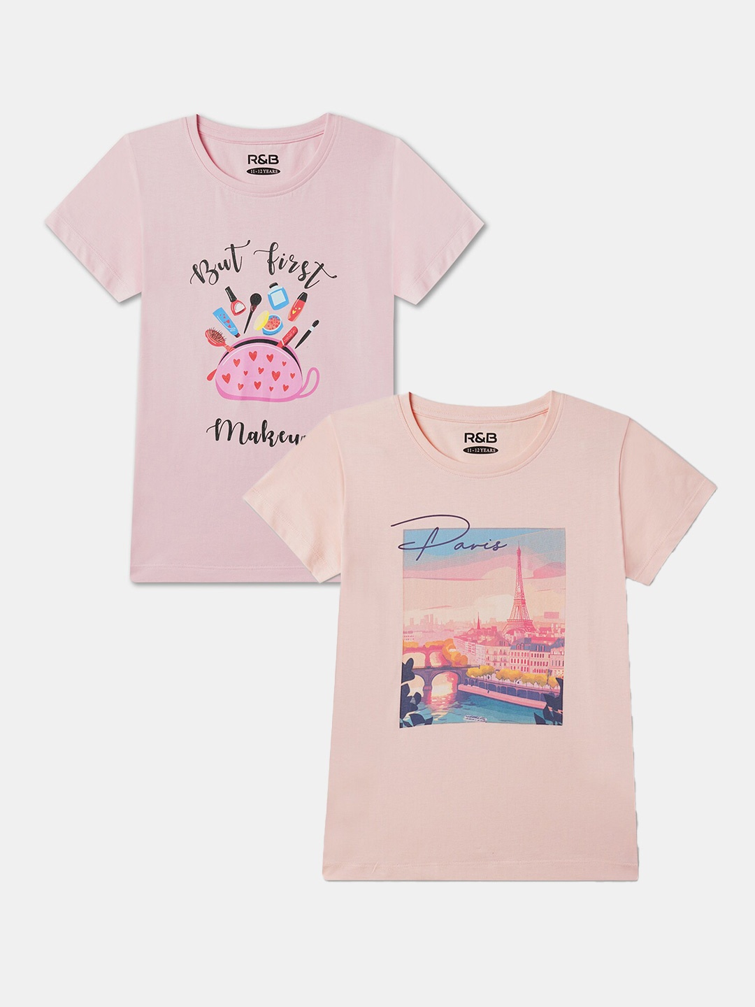 

R&B Girls Pack Of 2 Graphic Printed Cotton T-shirts, Peach