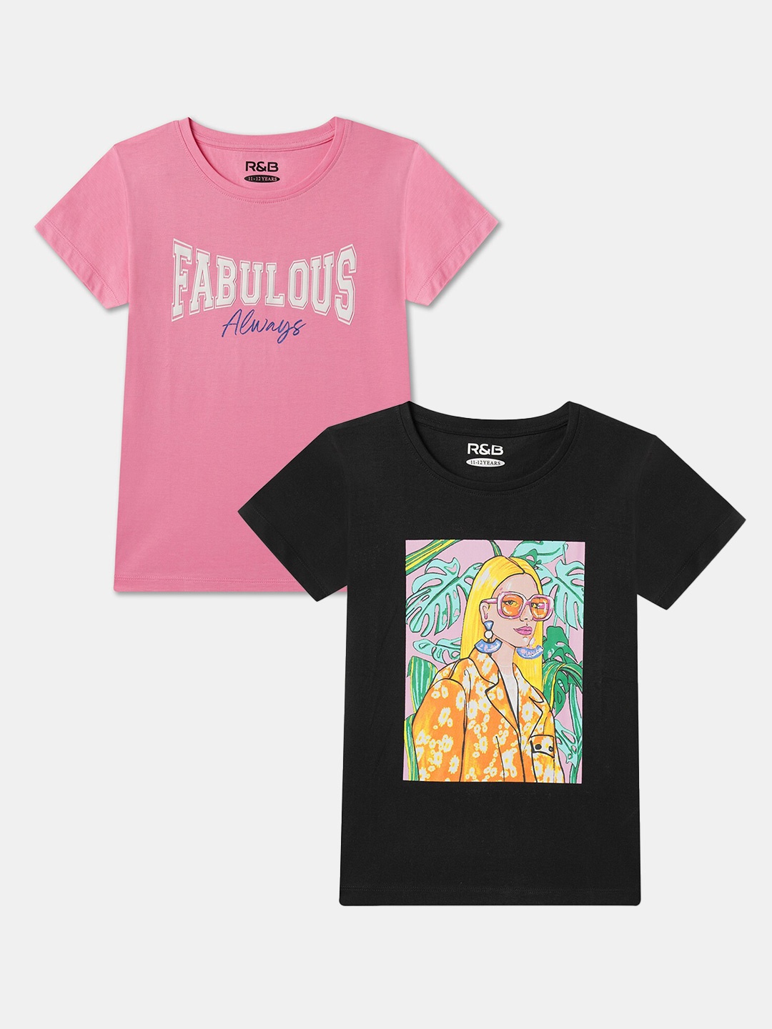 

R&B Girls Pack Of 2 Typography Printed Cotton T-shirts, Pink