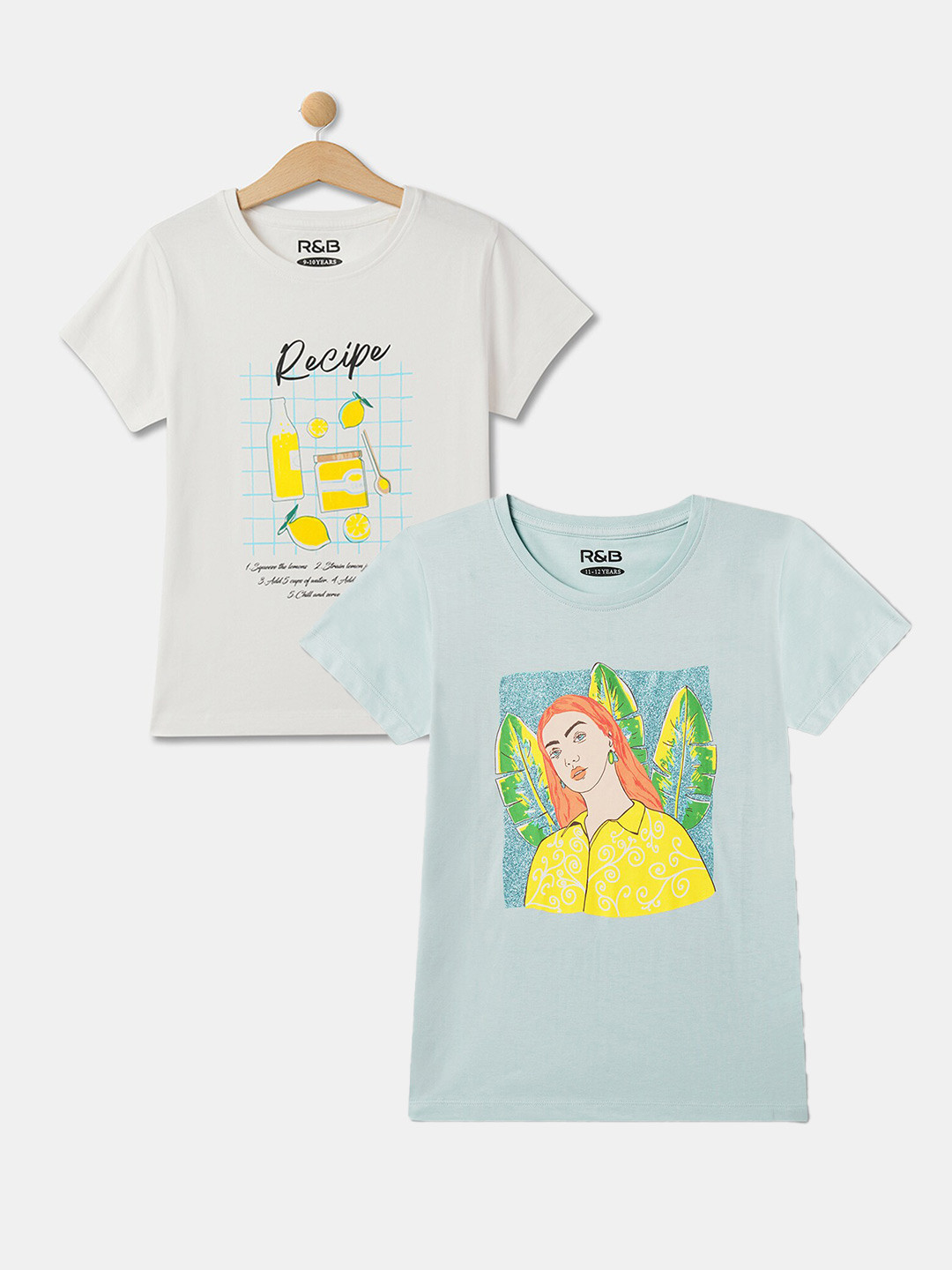 

R&B Girls Pack Of 2 Graphic Printed Cotton T-shirts, Blue