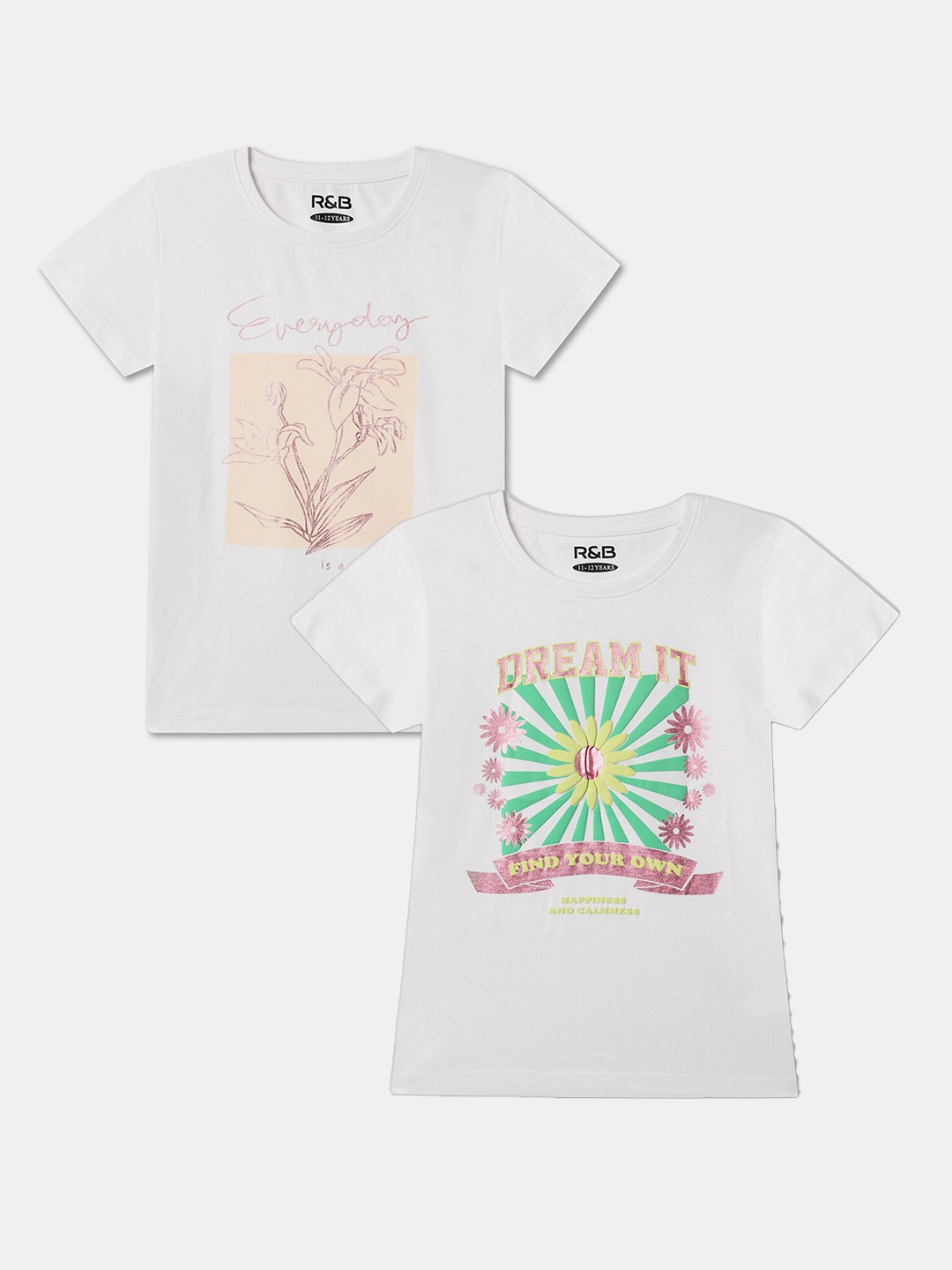

R&B Girls Pack Of 2 Graphic Printed Cotton T-shirt, Multi