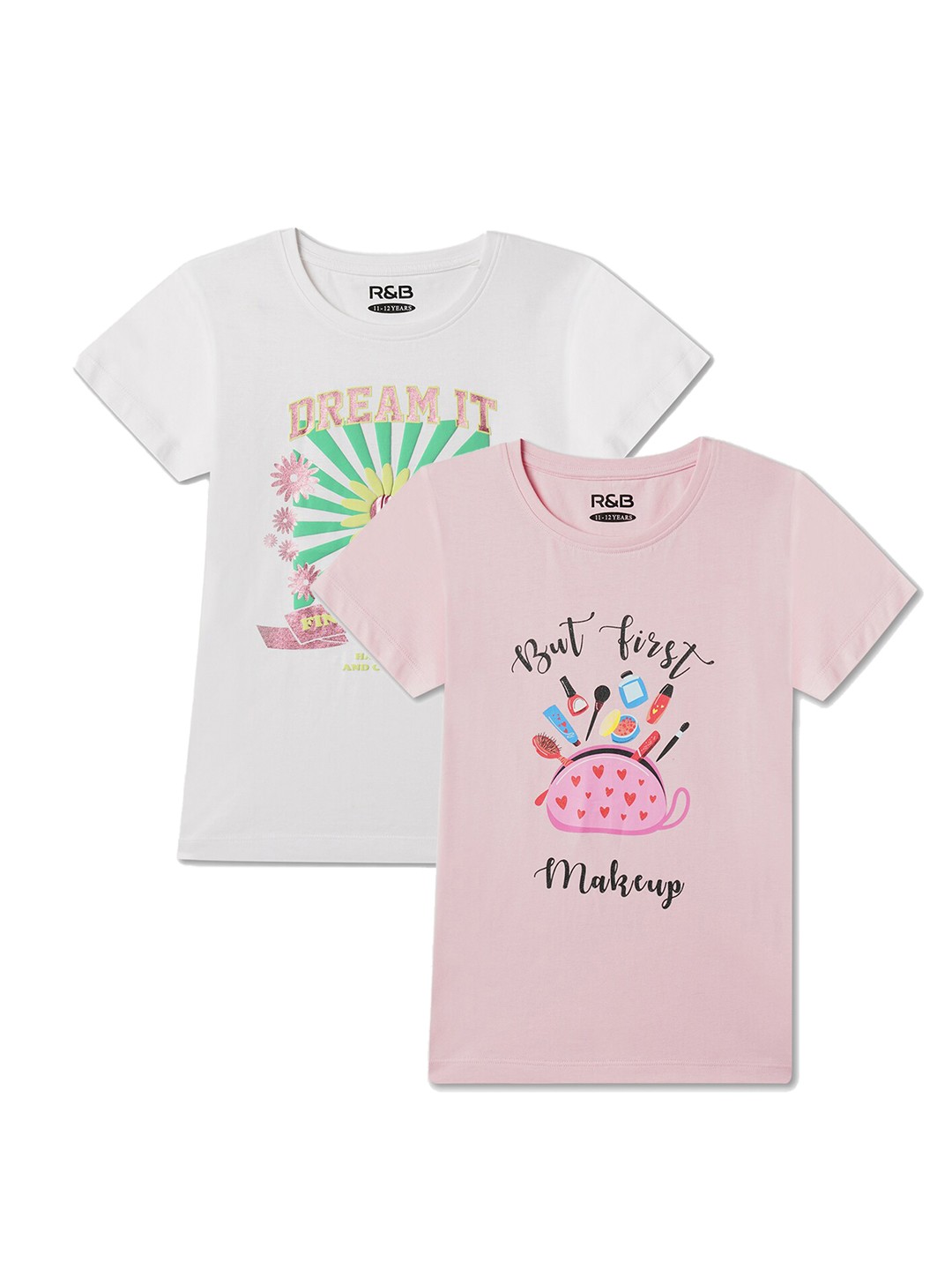 

R&B Girls Pack Of 2 Graphic Printed Cotton T-shirts, White