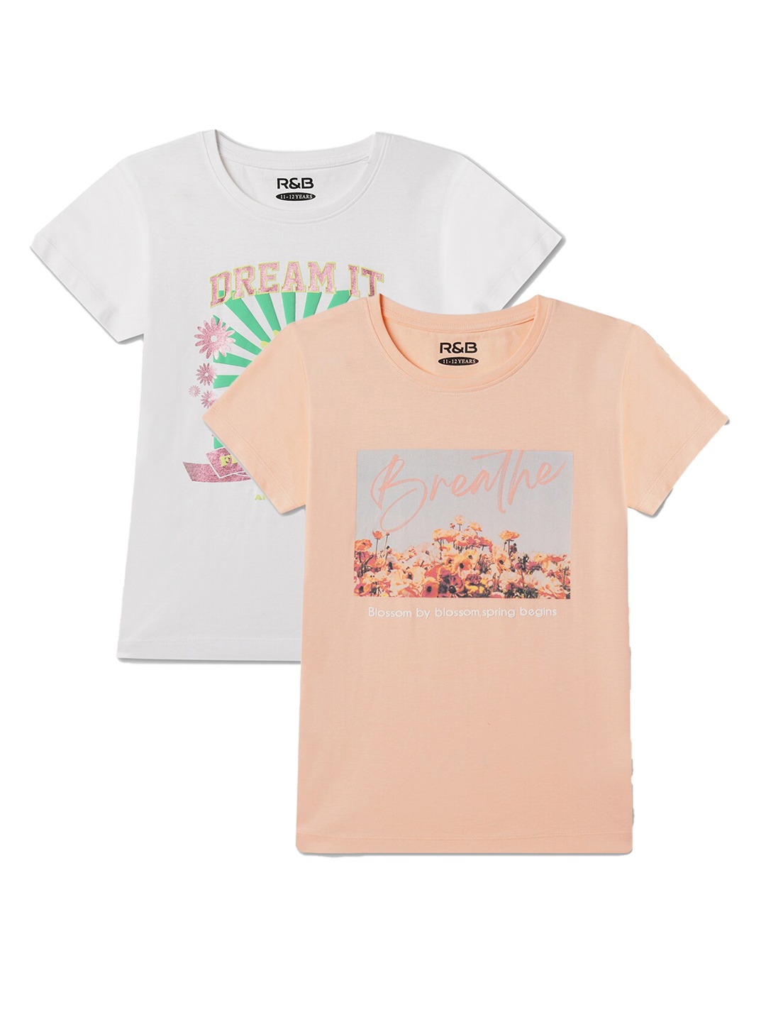 

R&B Girls Pack Of 2 Graphic Printed Cotton T-shirts, White