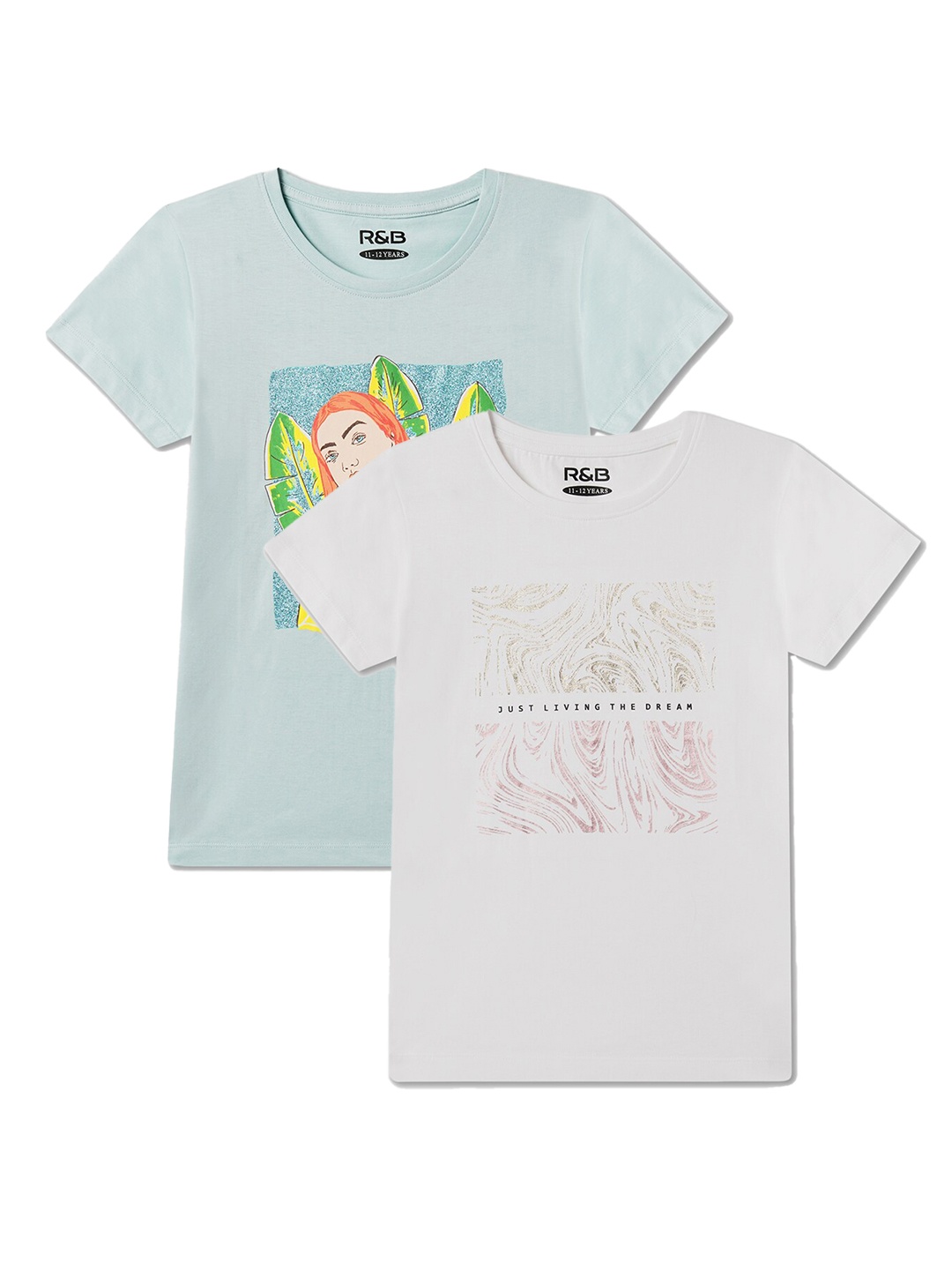 

R&B Girls Pack Of 2 Graphic Printed Round Neck Cotton T-shirt, Multi