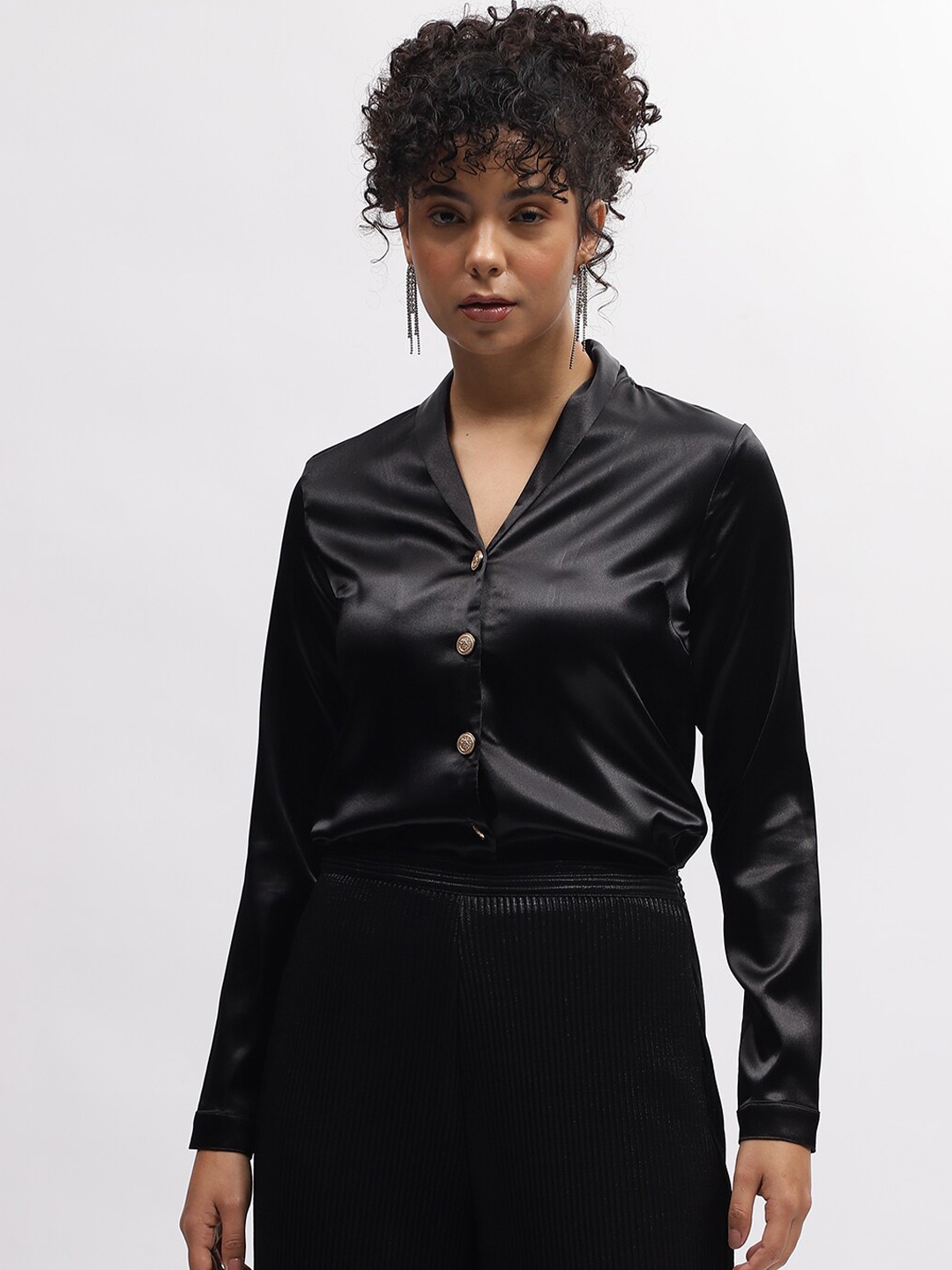 

CENTRESTAGE Shawl Collar Opaque Party Shirt, Black