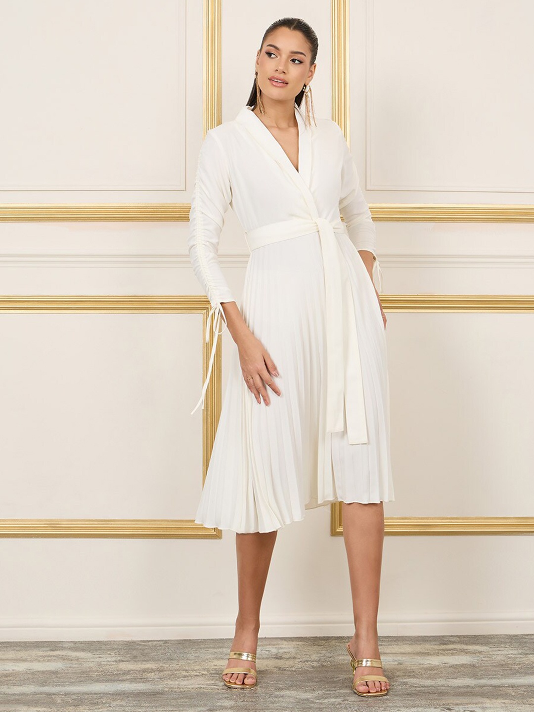 

Styli Lapel Collar Self Design Tie Up Accordion Pleated Wrap Midi Dress, Off white