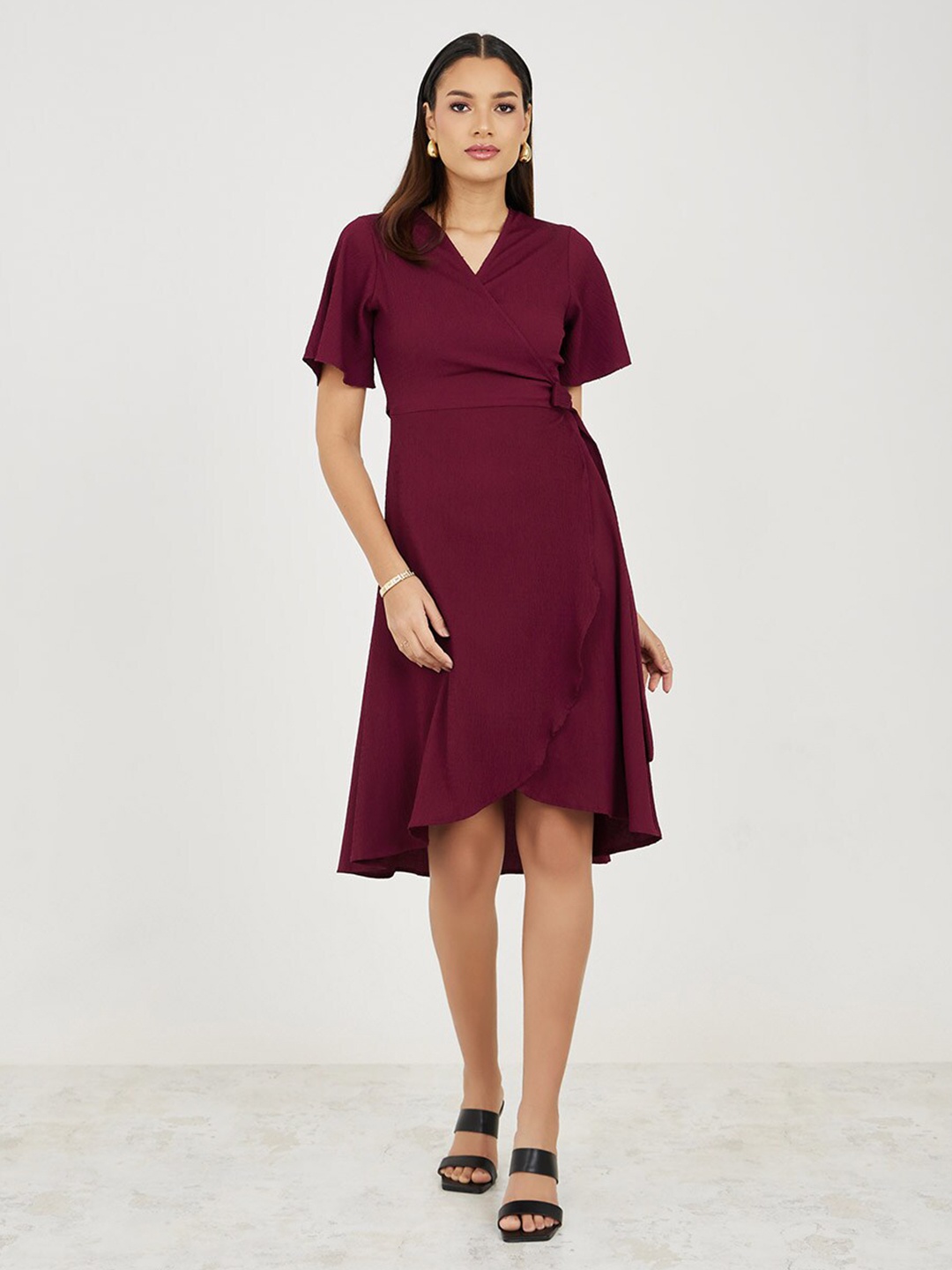 

Styli Knee length Self-Design Half Sleeve wrap Dress, Burgundy