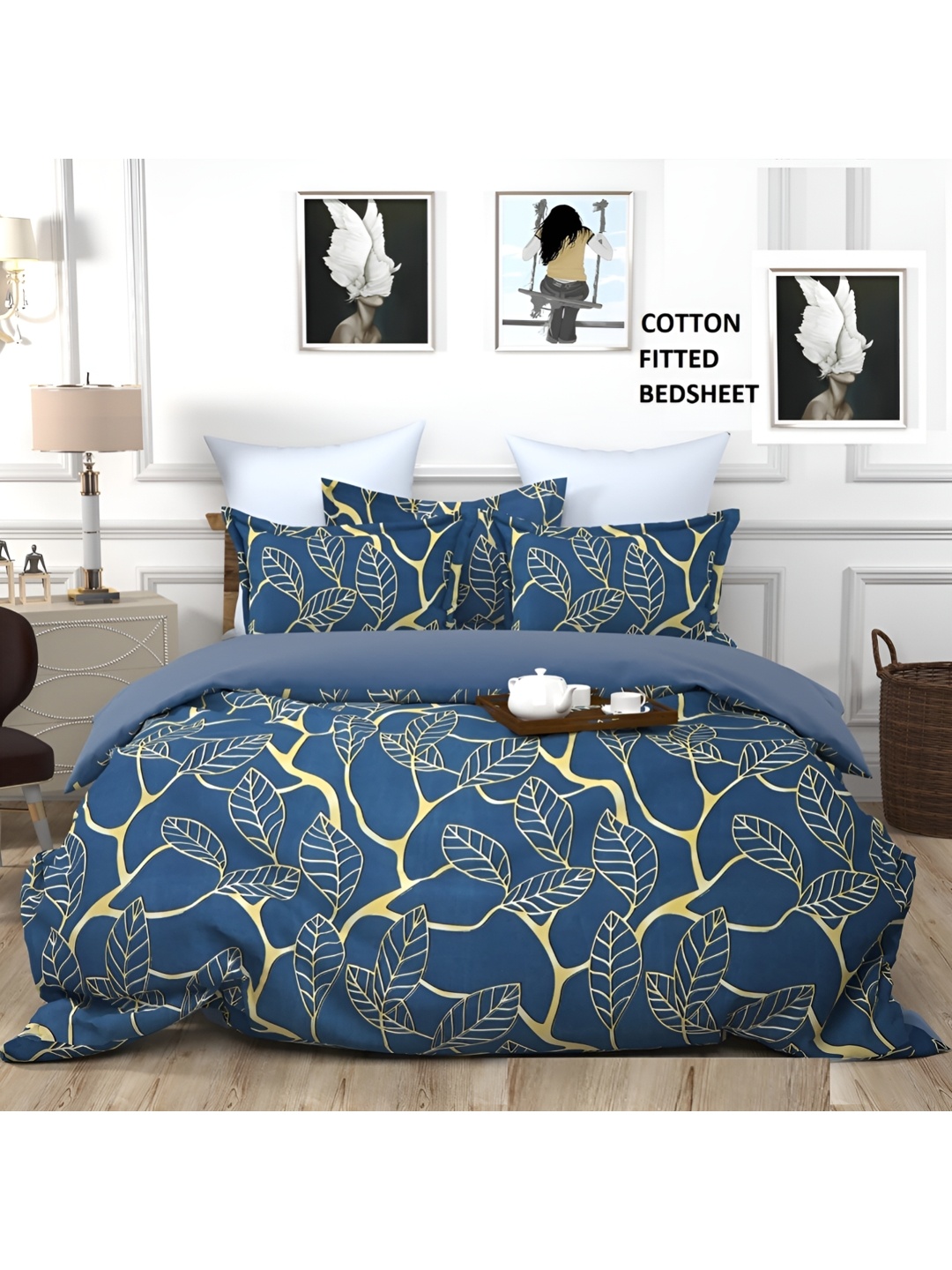 

Supreme Home Collective Blue & Gold-Toned 144 TC Queen Bedsheet with 2 Pillow Covers