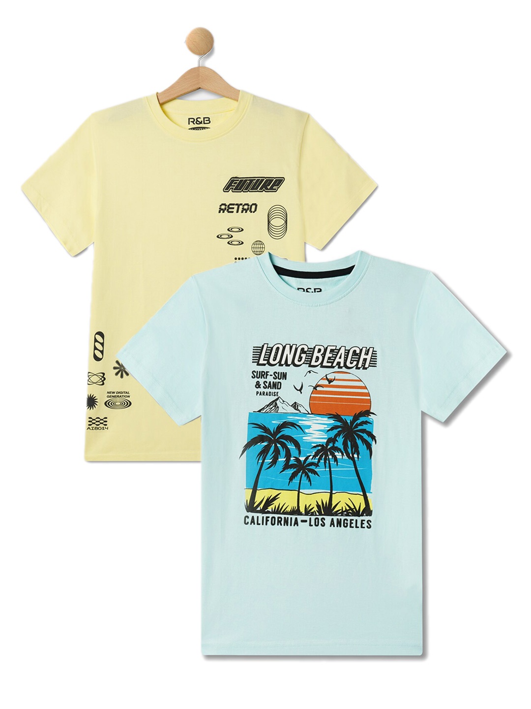 

R&B Boys Pack Of 2 Typography Printed Round Neck Cotton T-shirts, Yellow