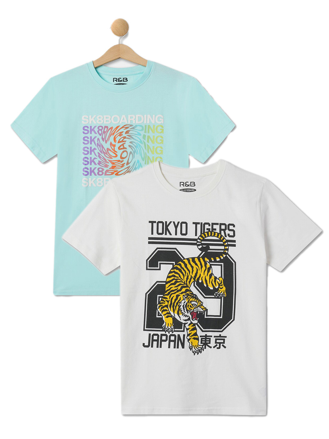 

R&B Boys Pack Of 2 Graphic Printed Round Neck Cotton T-shirts, Blue