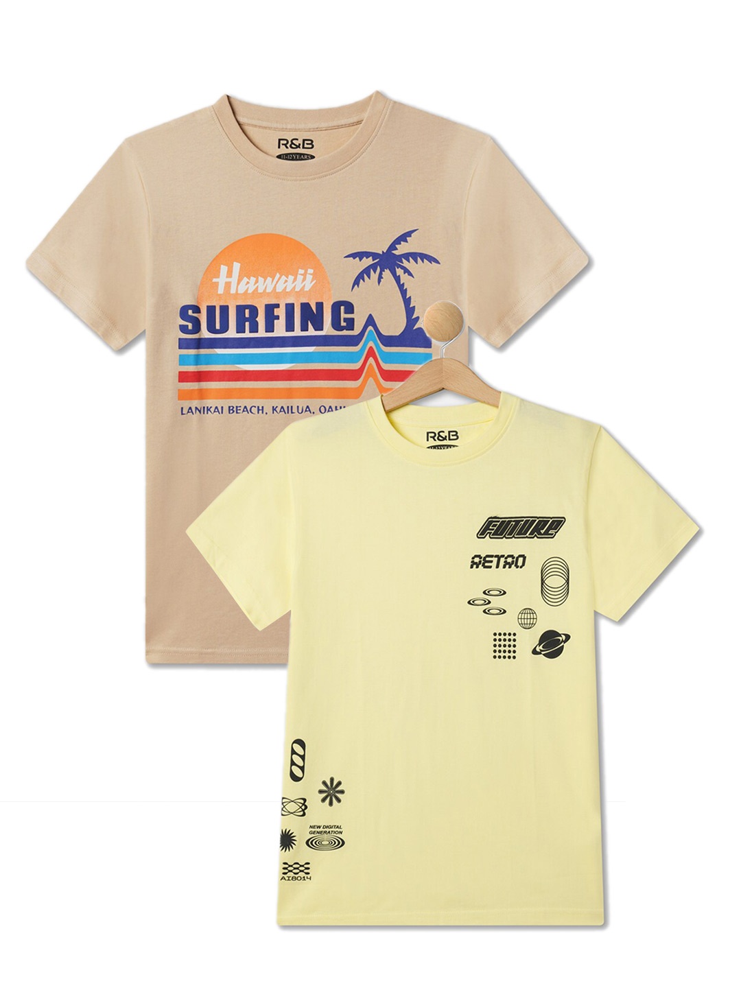 

R&B Boys Pack Of 2 Graphic Printed Cotton T-shirts, Yellow