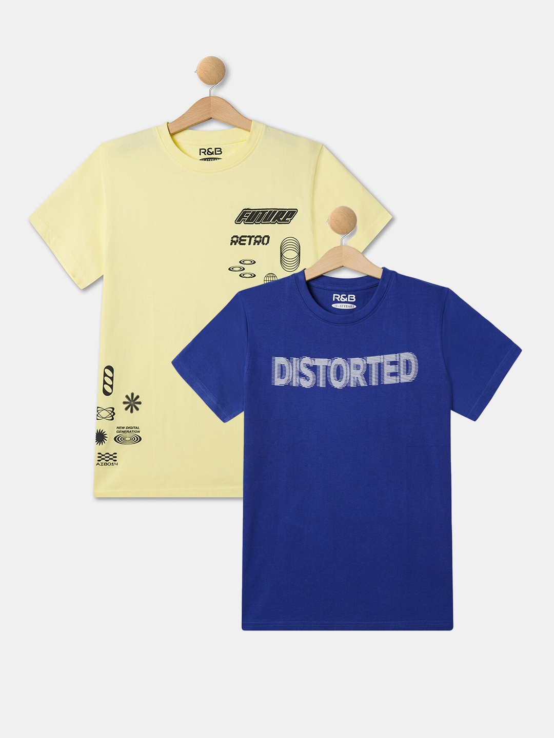 

R&B Boys Pack of 2 Typography Printed Cotton Regular Fit T-shirts, Yellow