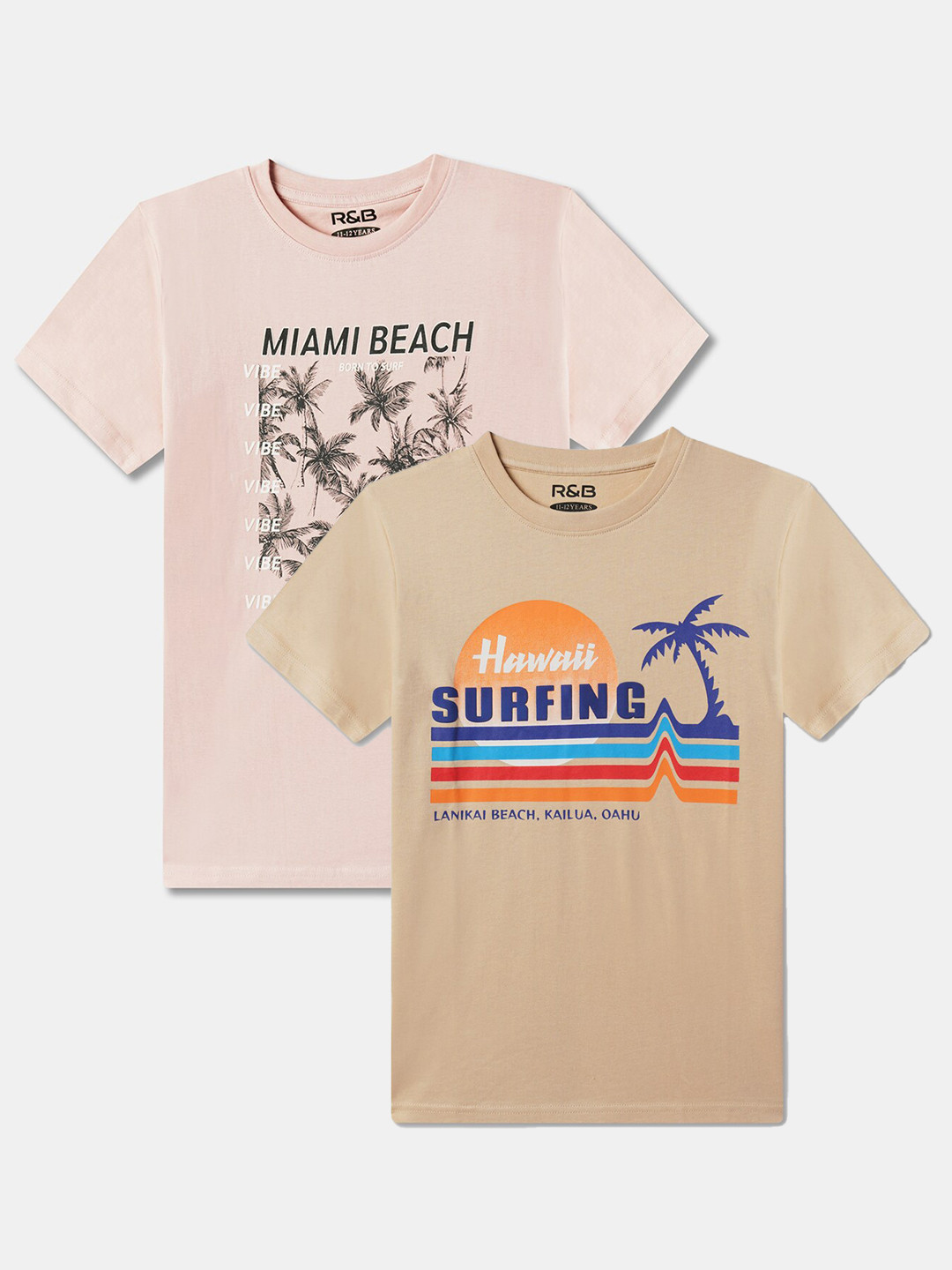 

R&B Boys Pack of 2 Round Neck Graphic Printed Cotton Regular Fit T-shirt, Peach