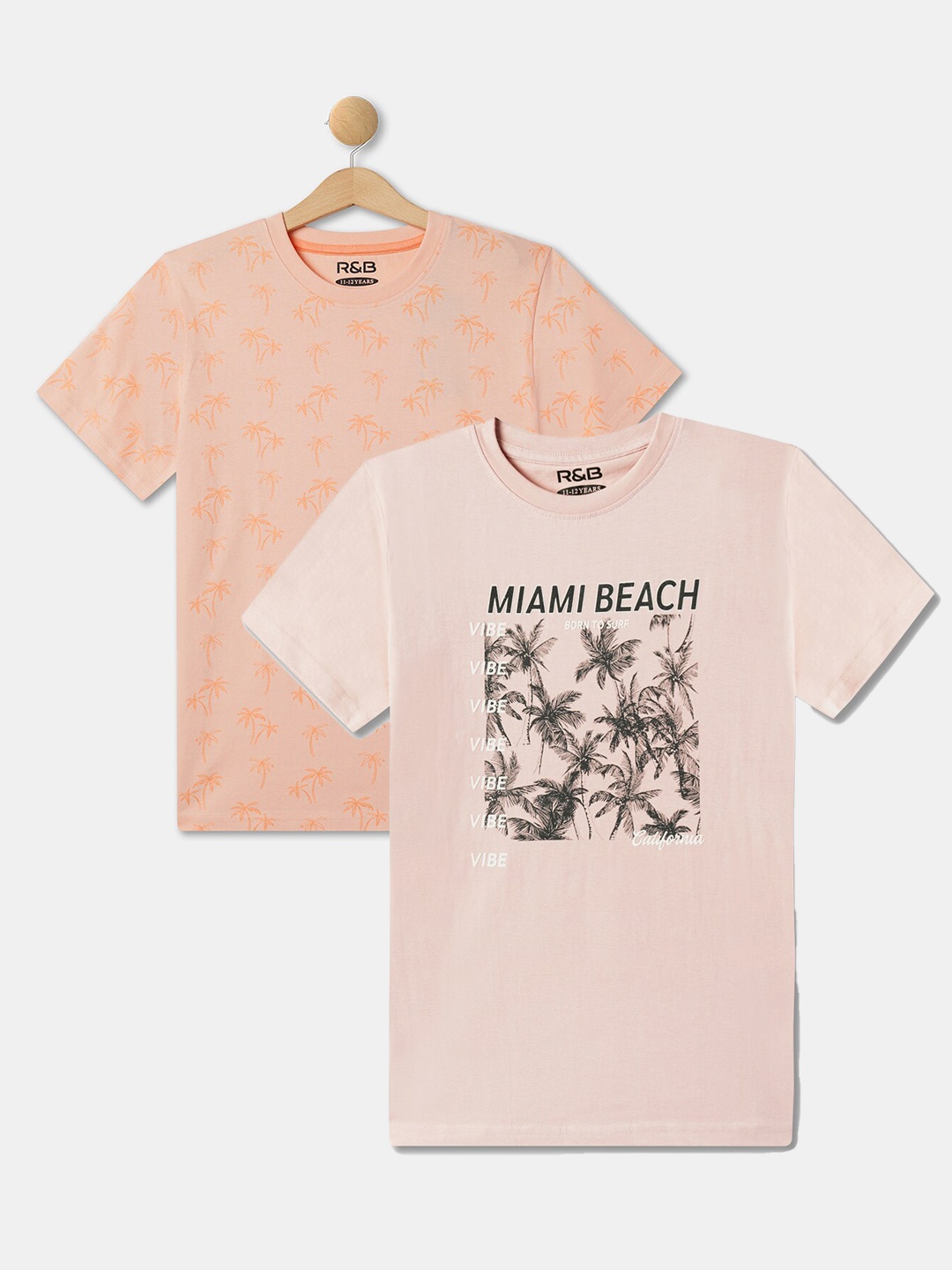 

R&B Boys Pack of 2 Printed Cotton Round Neck Short Sleeves T-shirt, Peach
