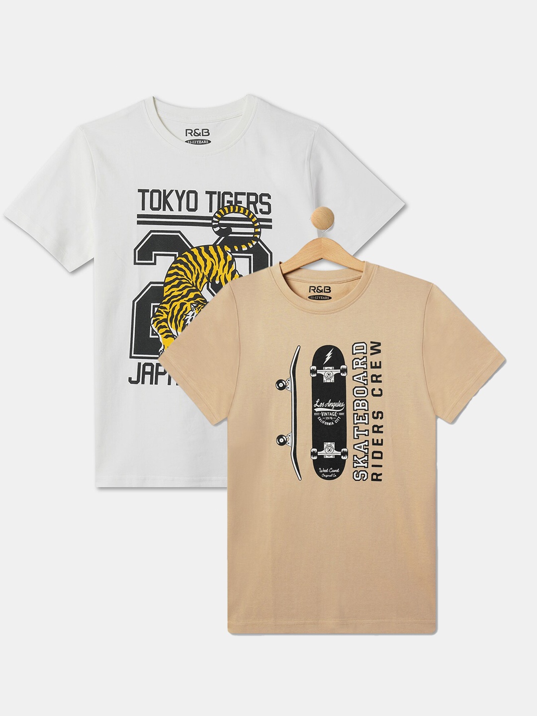 

R&B Boys Pack Of 2 Round Neck Graphic Printed Cotton T-shirt, Multi