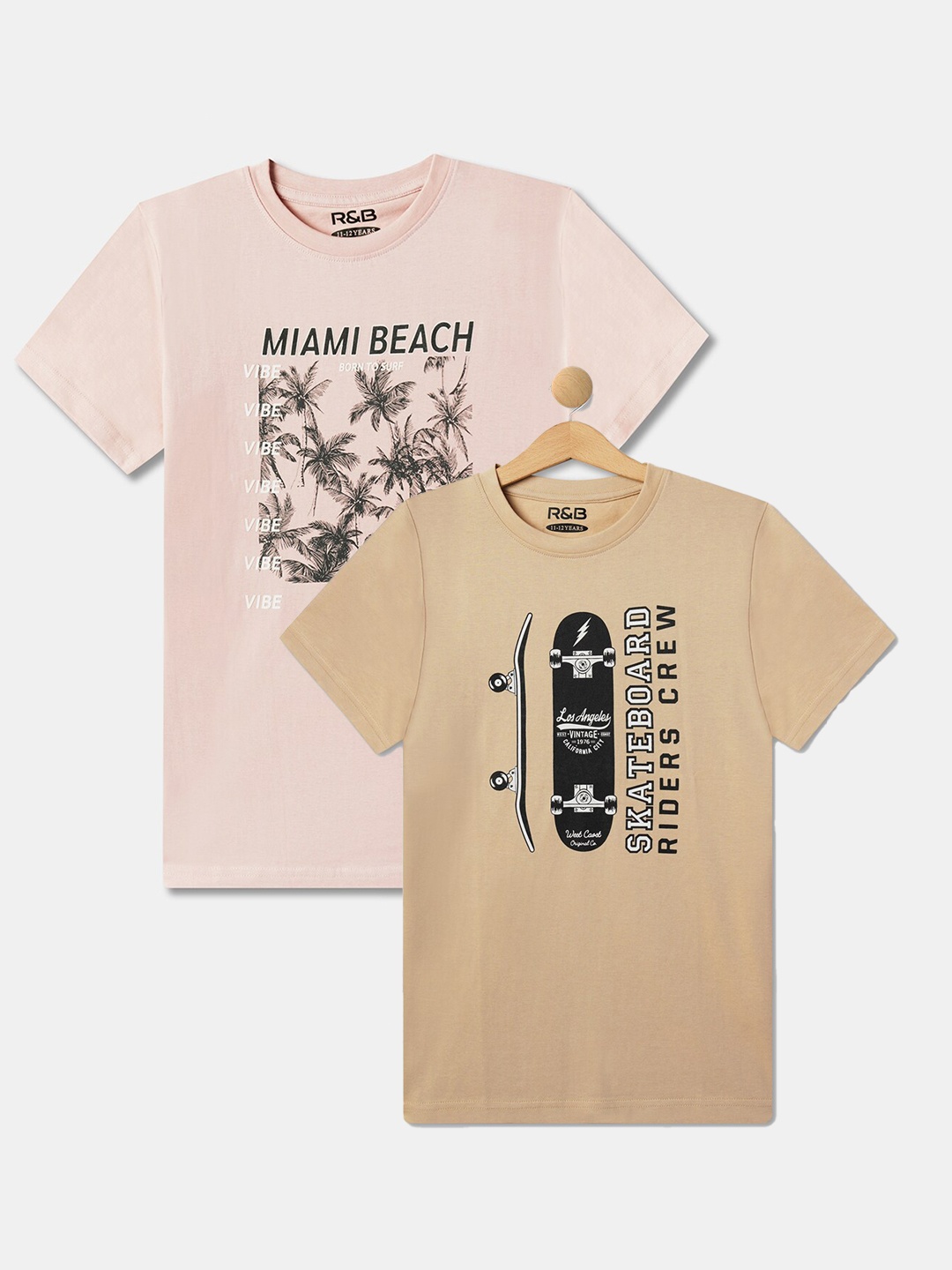 

R&B Boys Pack of 2 Conversational Printed Cotton T-shirt, Cream