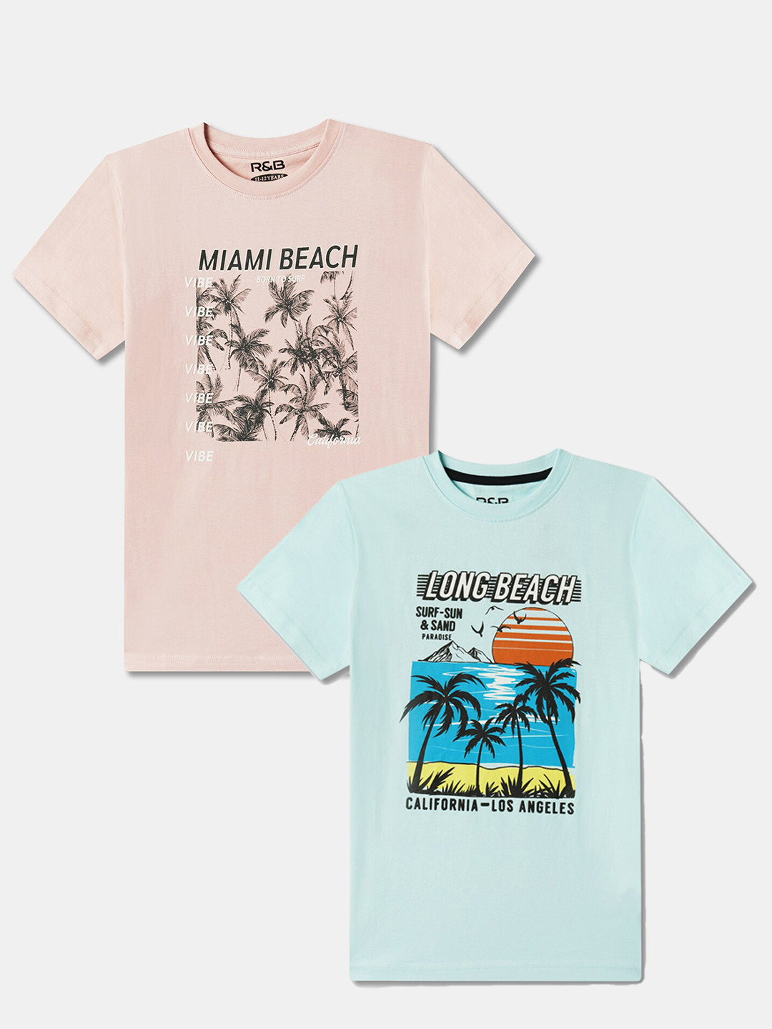 

R&B Boys Pack of 2 Round Neck Typography Printed Cotton Regular Fit T-shirt, Green