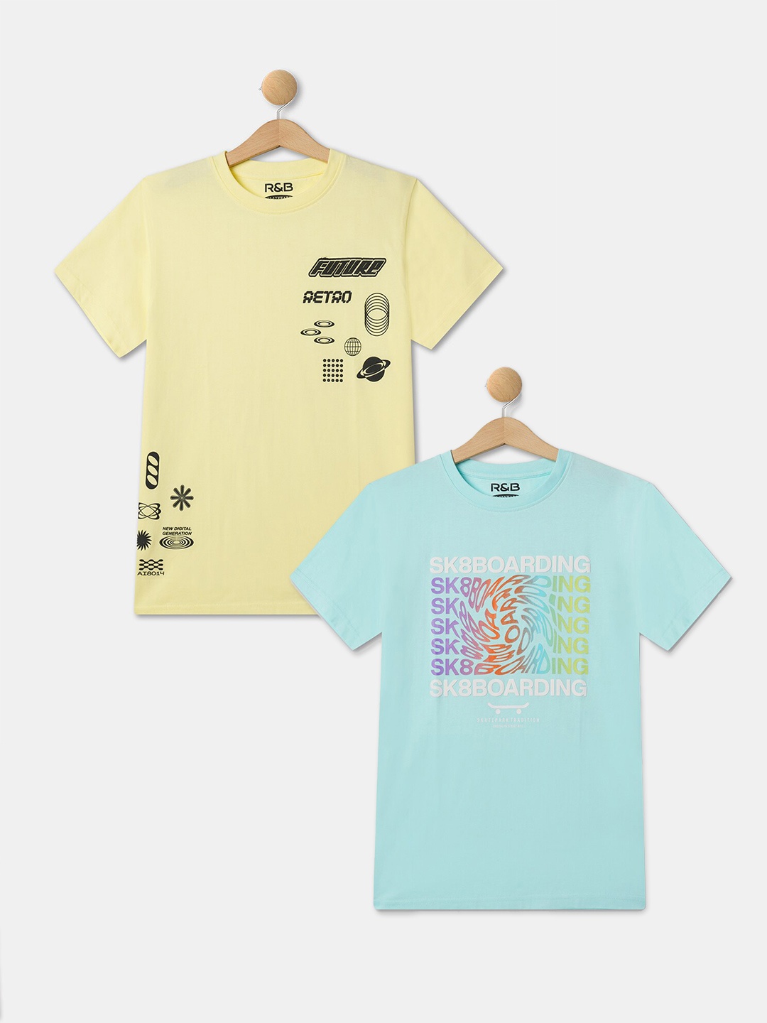 

R&B Boys Pack Of 2 Typography Printed Cotton T-shirts, Yellow