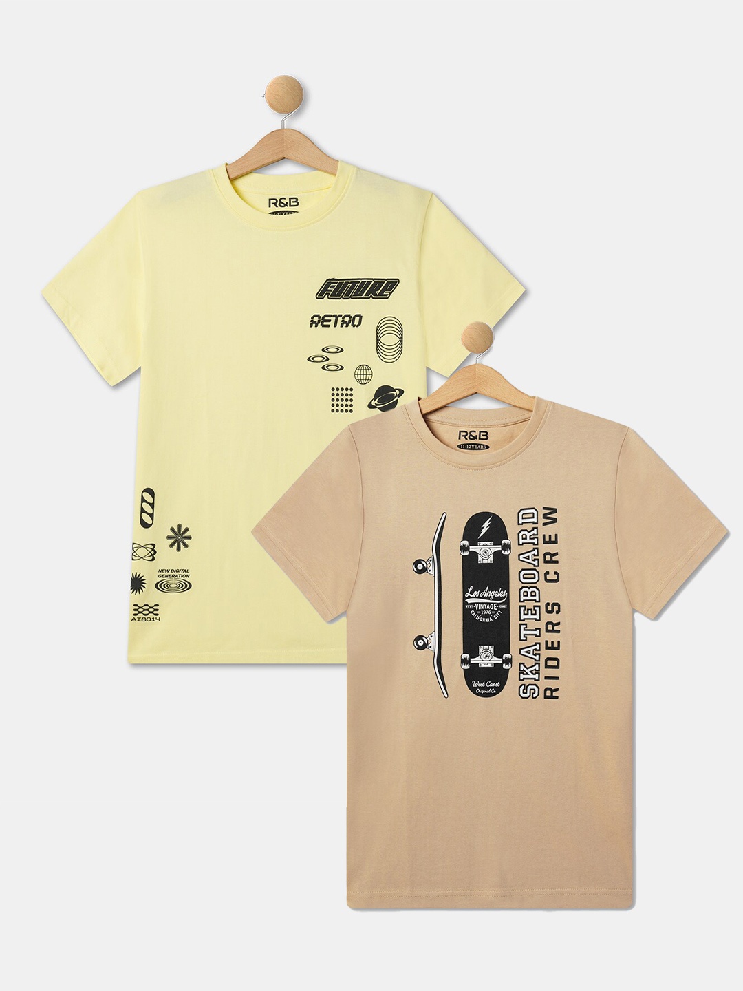 

R&B Boys Pack of 2 Printed Round Neck Short Sleeves Cotton T-shirt, Yellow