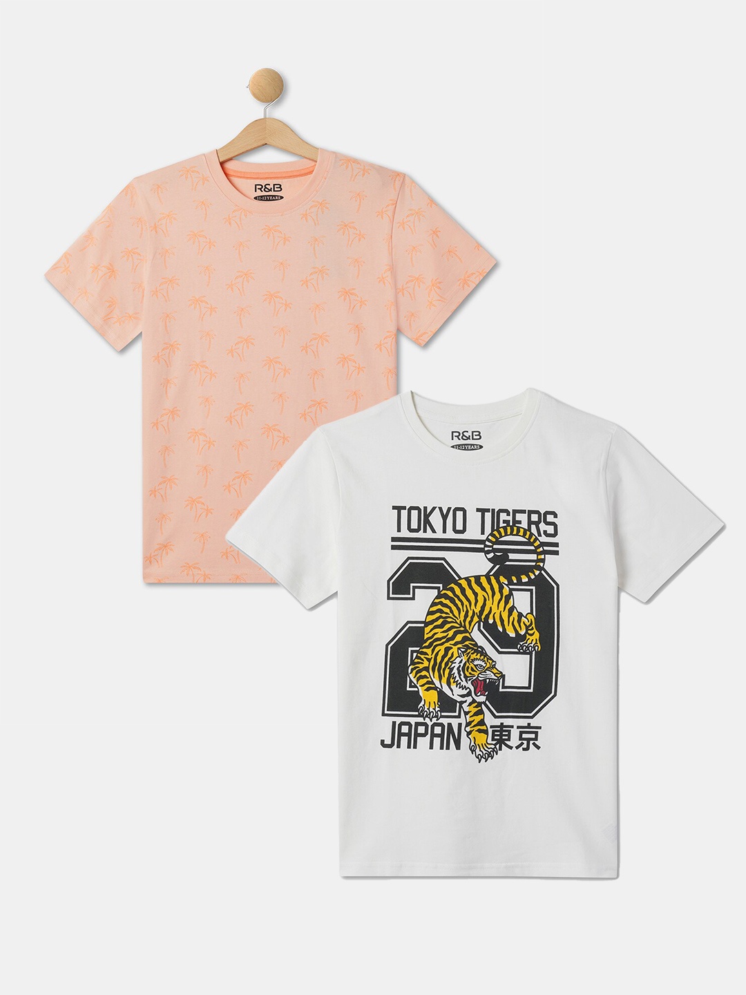 

R&B Boys Pack Of 2 Typography Printed Round Neck Cotton T-shirts, Peach