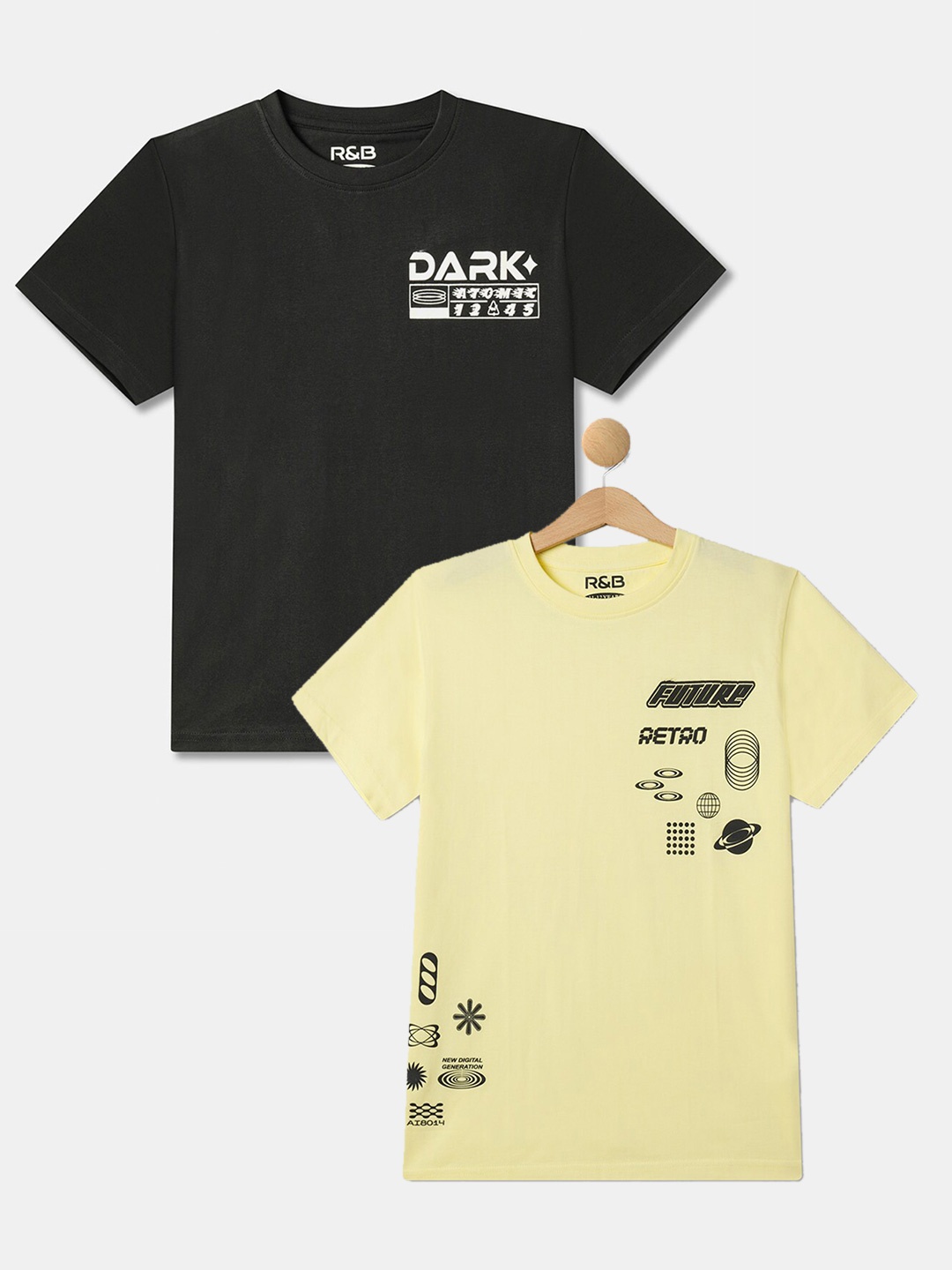 

R&B Boys Pack of 2 Graphic Printed Cotton T-shirt, Black
