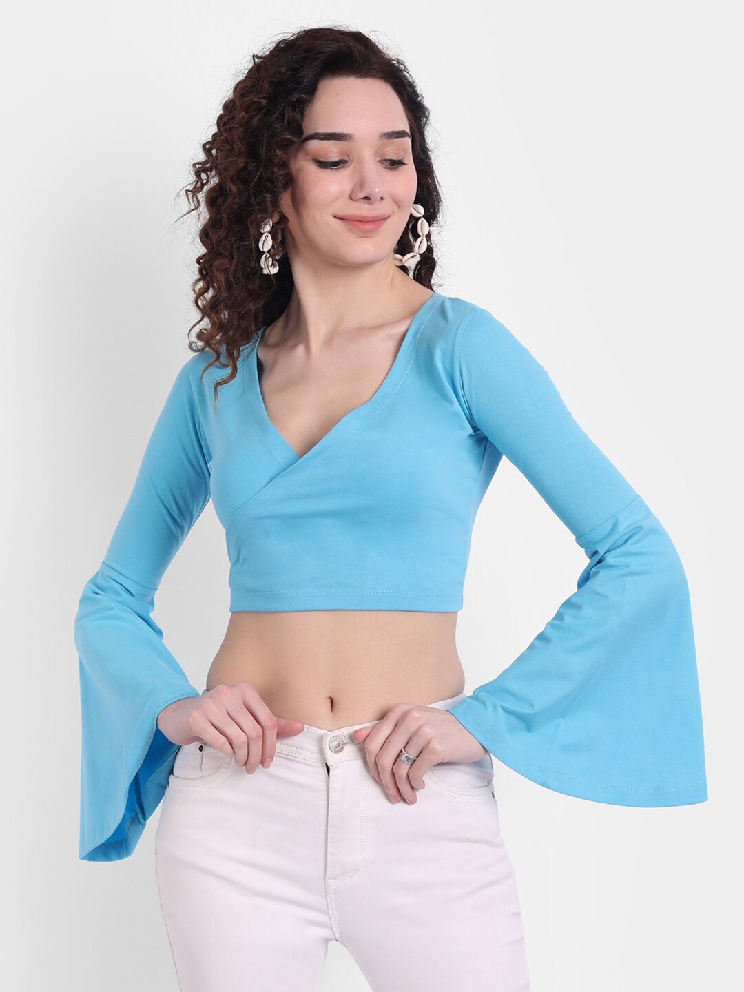 

COLOR CAPITAL Bell Sleeve Wrap Crop Top, Blue