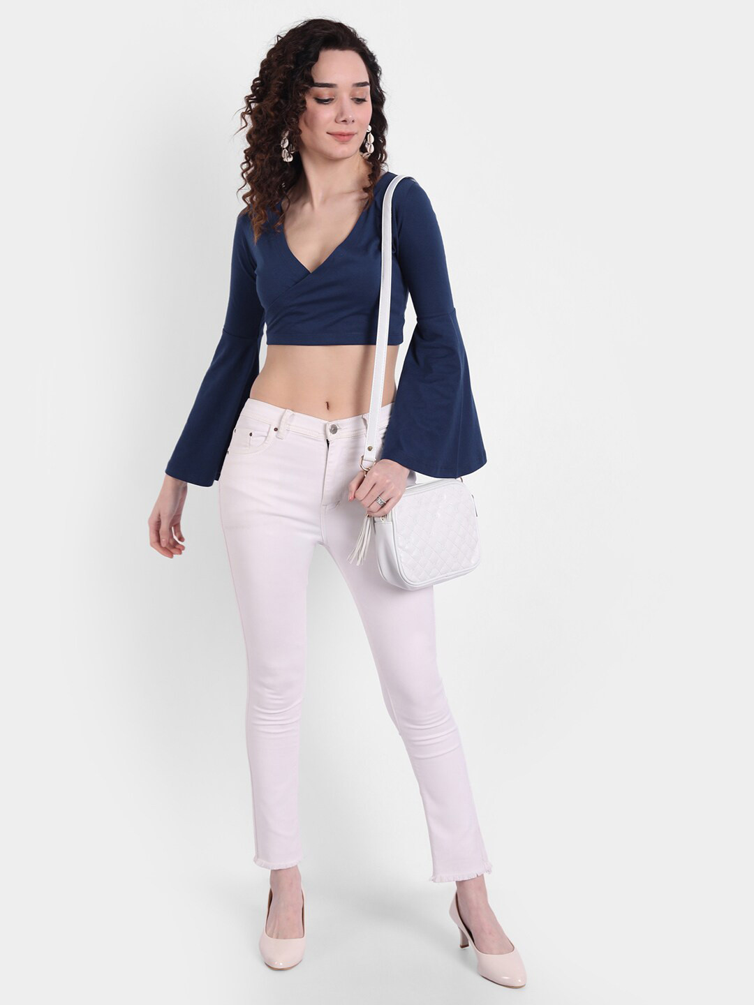 

COLOR CAPITAL Bell Sleeves Crop Regular Top, Navy blue