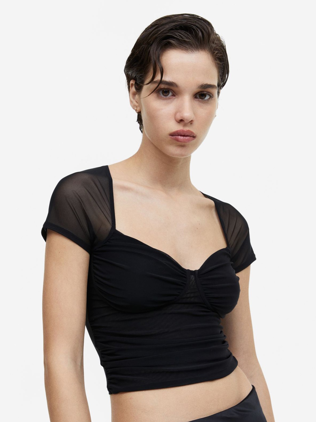 

COLOR CAPITAL Raglan Sleeves Net Fitted Crop Top, Black