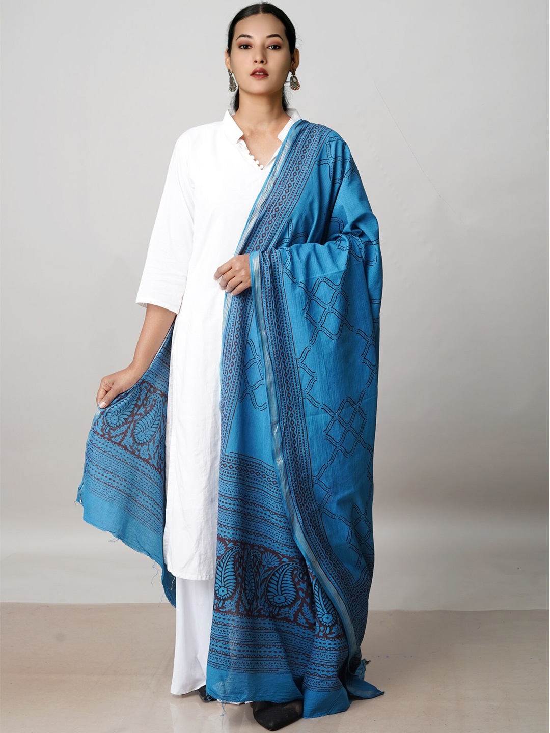 

Unnati Silks Ethnic Motifs Printed Pure Cotton Dupatta with Zari, Blue