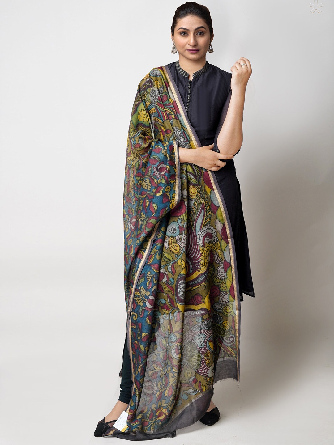 

Unnati Silks Ethnic Motifs Printed Cotton Silk Kalamkari Dupatta, Green