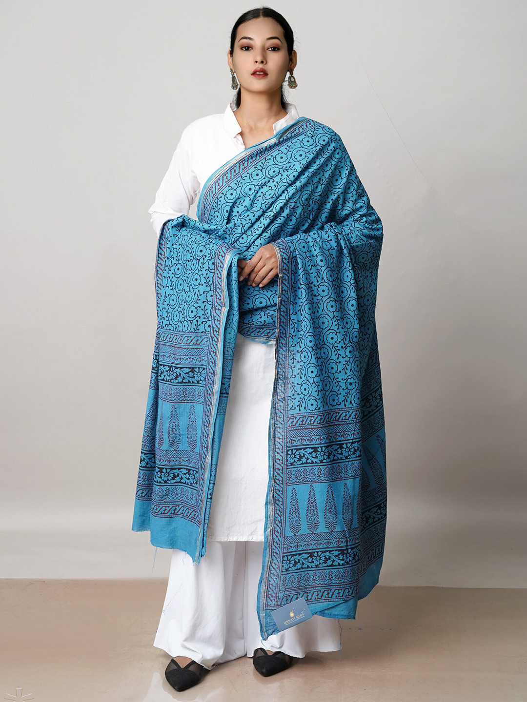 

Unnati Silks Ethnic Motifs Printed Pure Cotton Dupatta with Zari, Blue