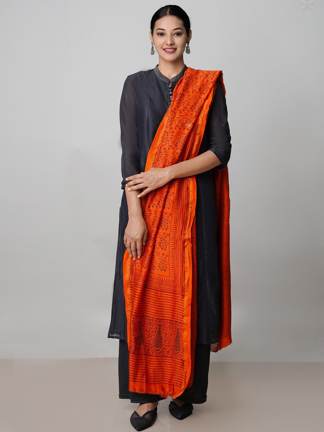 

Unnati Silks Ethnic Motifs Printed Pure Cotton Dupatta, Orange