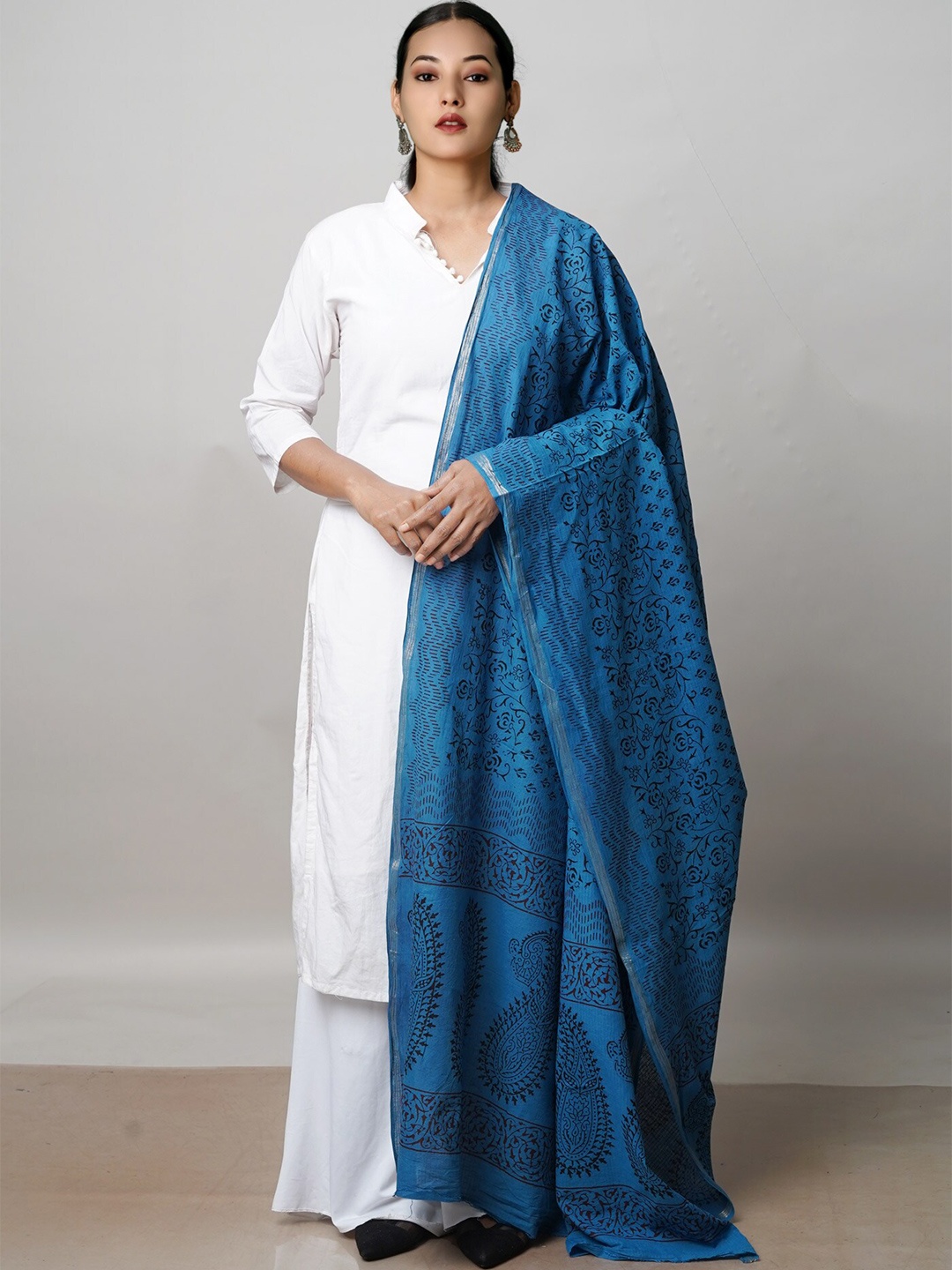 

Unnati Silks Ethnic Motifs Printed Pure Cotton Bagh Dupatta, Blue