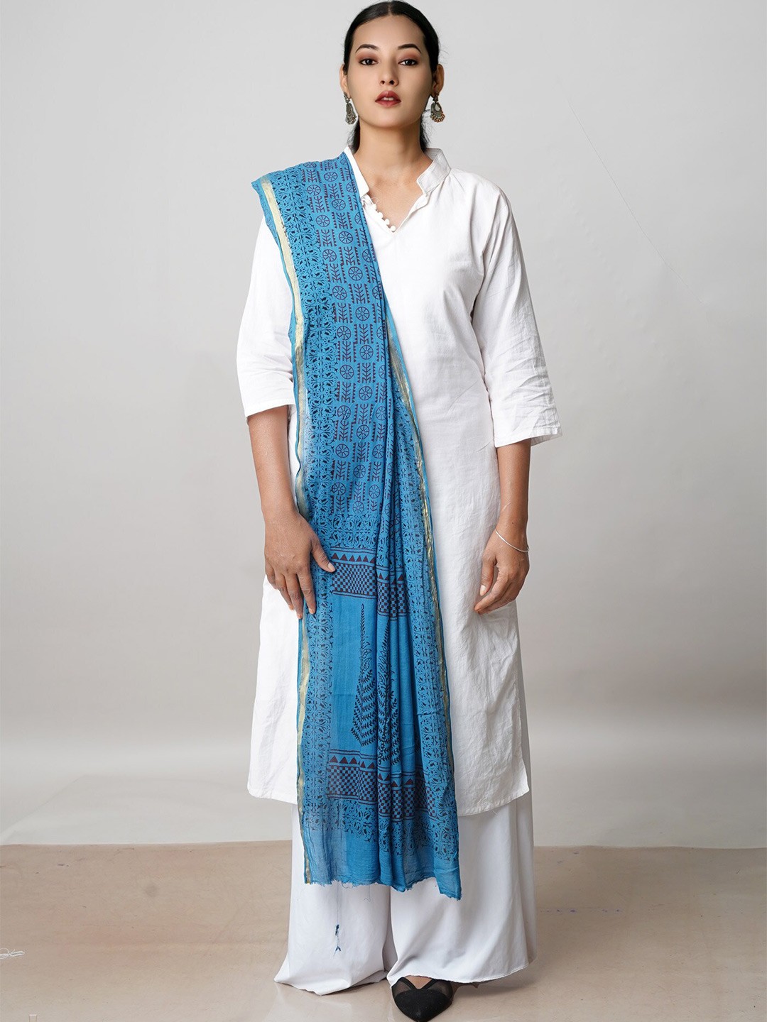 

Unnati Silks Ethnic Motifs Printed Pure Cotton Bagh Dupatta, Blue