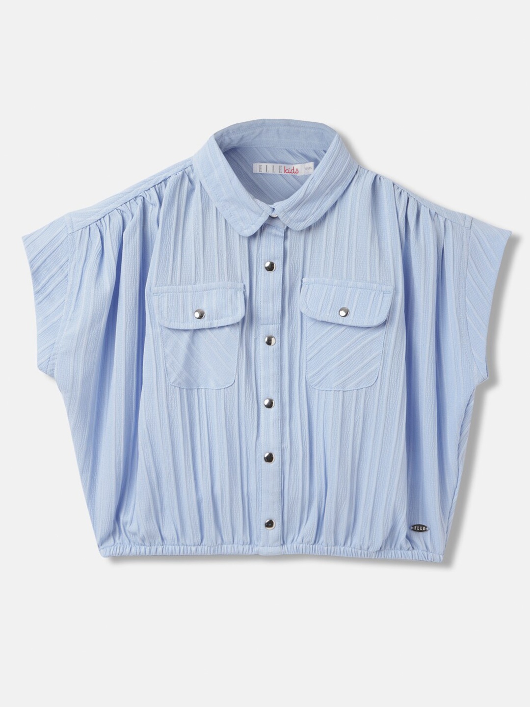 

ELLE Girls Striped Shirt Collar Short Sleeves Top, Blue